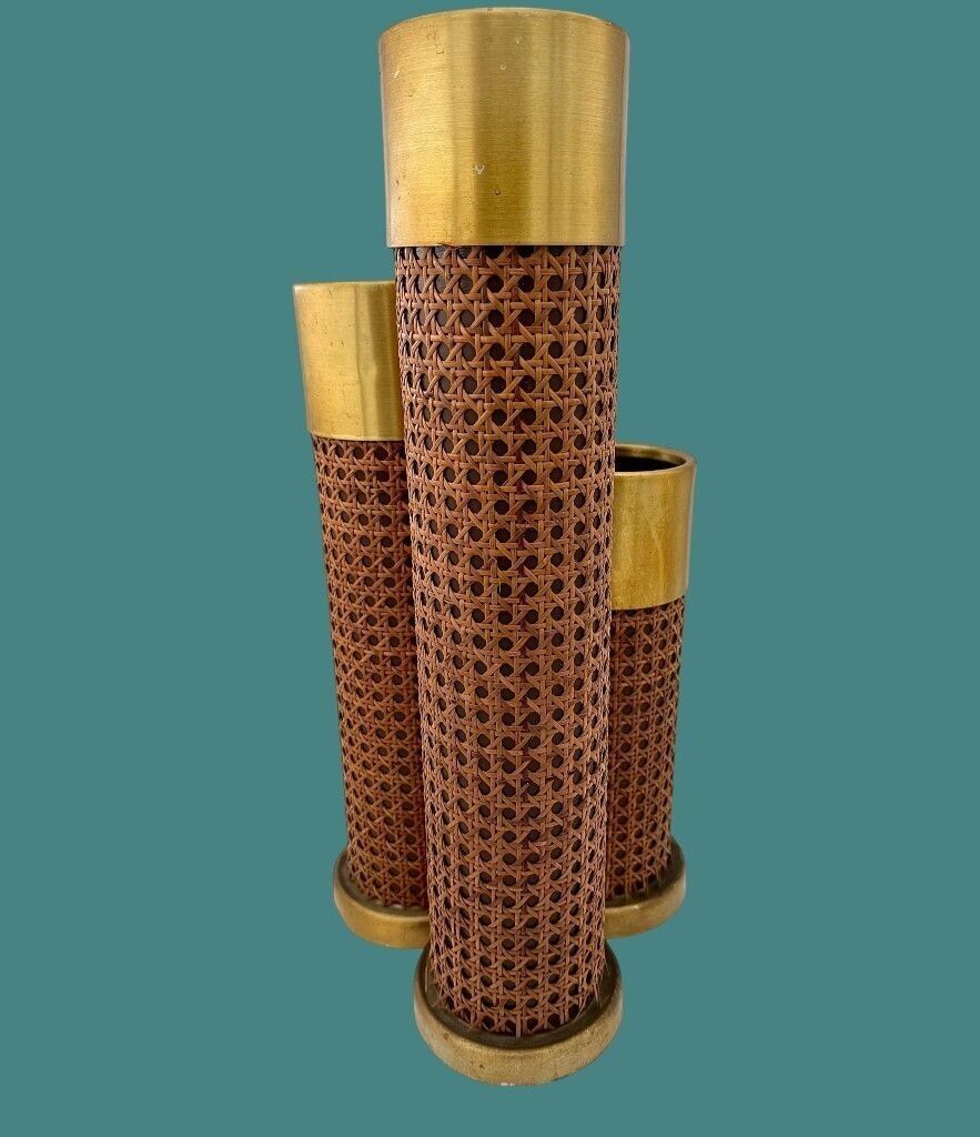 photo buy An Unusual 1970s Italian Rattan, Gilt Metal And Leather Umbrella Stand