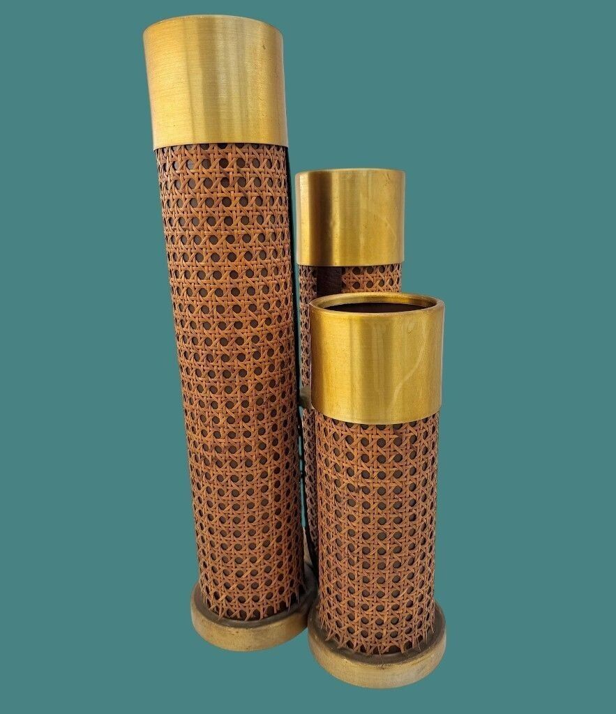 photo vintage An Unusual 1970s Italian Rattan, Gilt Metal And Leather Umbrella Stand