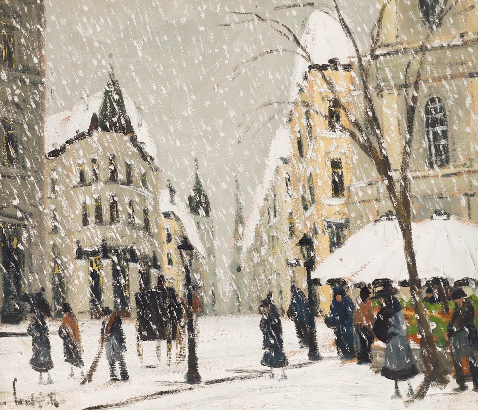 Framed Mid 20th Century Oil Snowy Day In Paris photo furniture