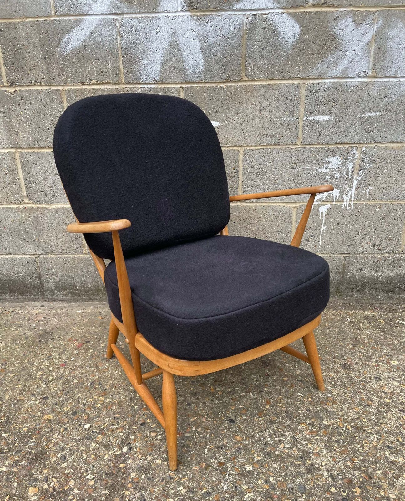 Vintage Ercol Windsor 334 Armchair Fully Restored With Hand Dyed Dark Dark Grey/Black Wool Covers
