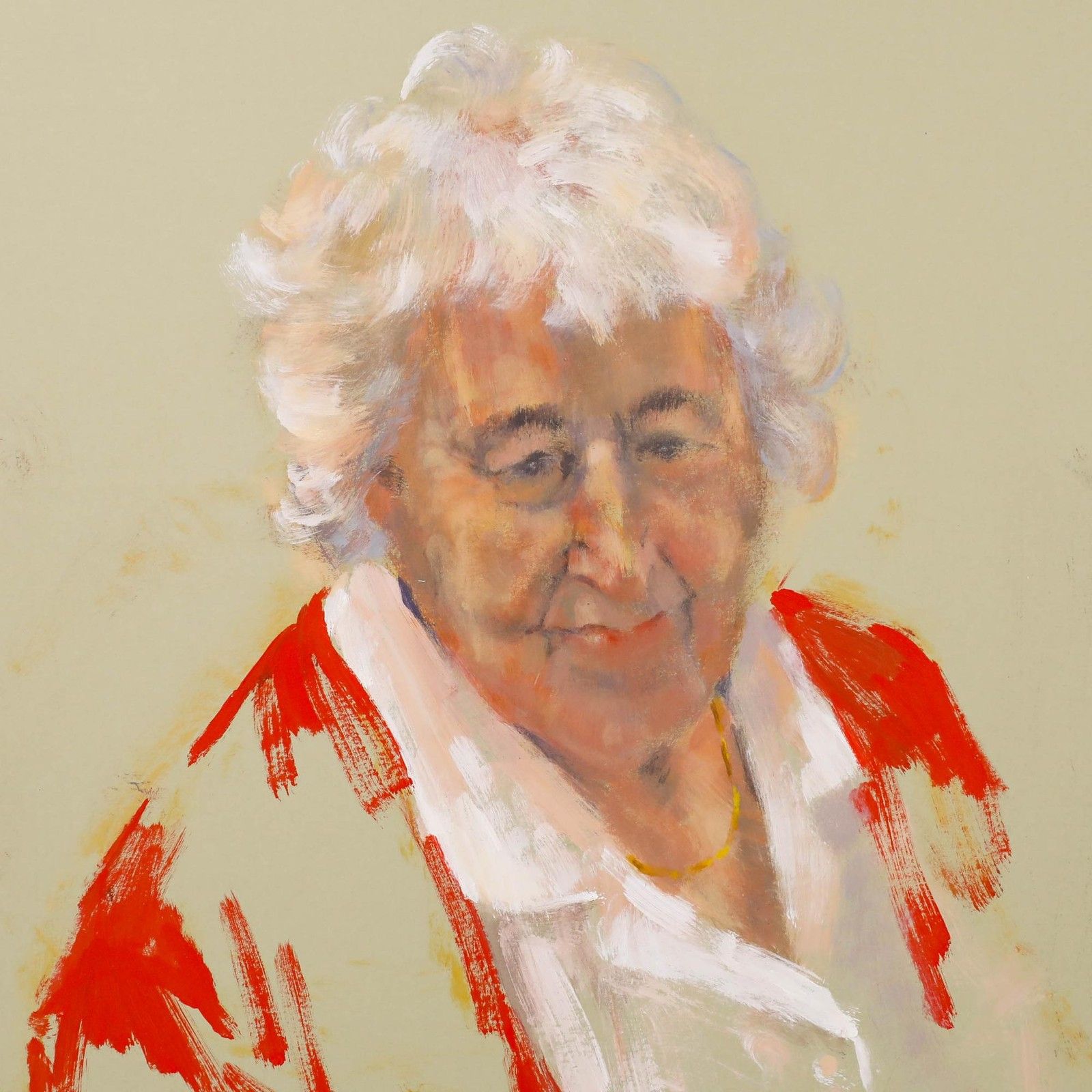 Wendy Trinder (1942 2020) 20th Century Oil, Portrait Of A Woman In Red photo Art