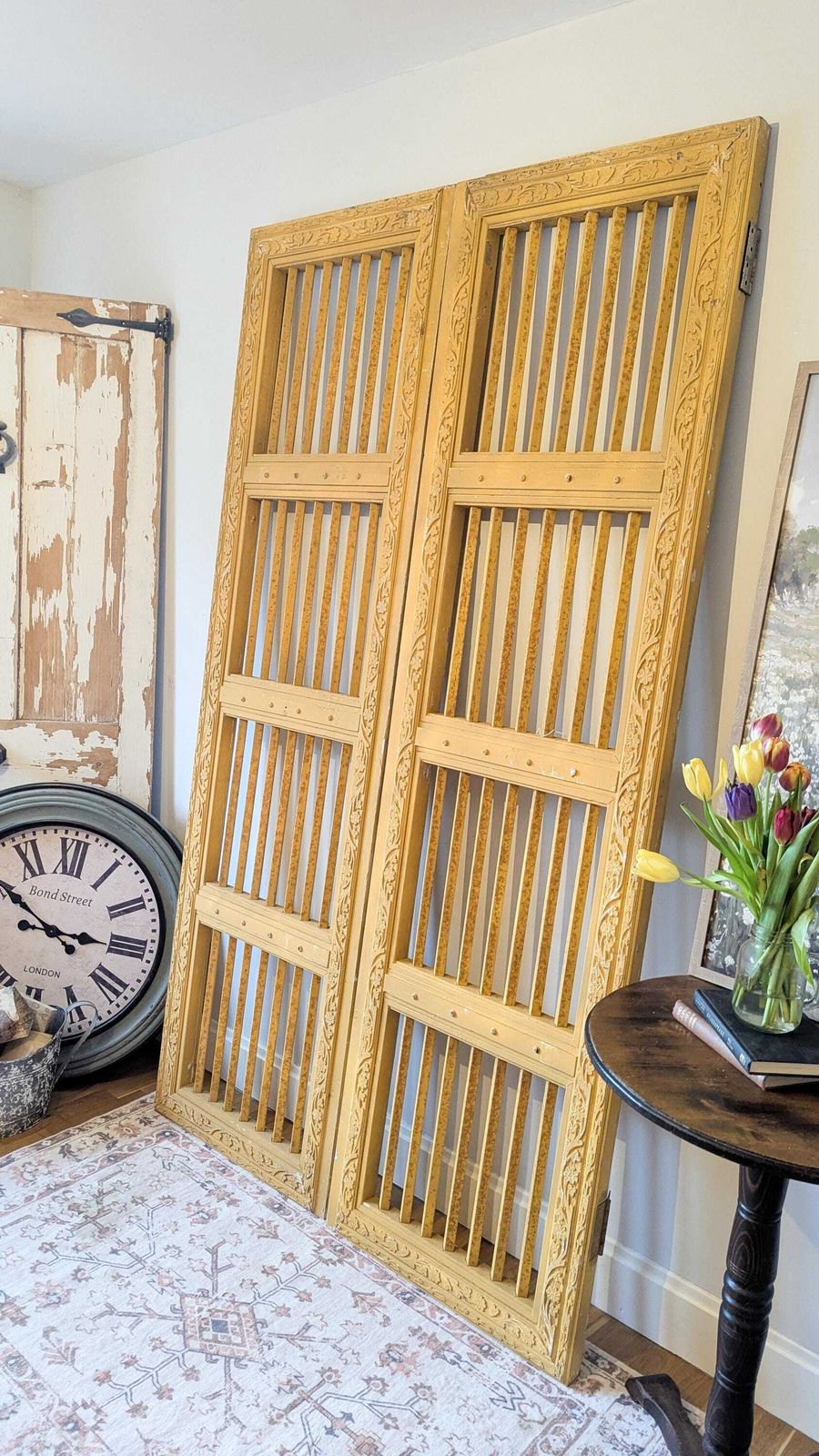 2 X Tall, Rustic, Reclaimed, Yellow Indian Doors With Bars (Sold As A Pair)