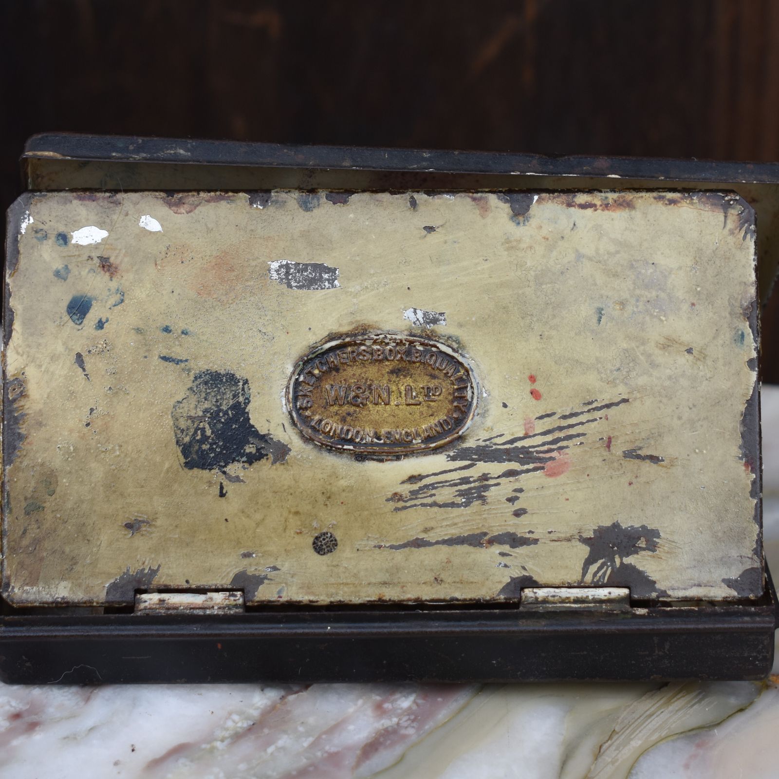 photo for sale Antique Winsor & Newton Rowney Metal Travel Tins Artists Travel Paint Boxes Pair