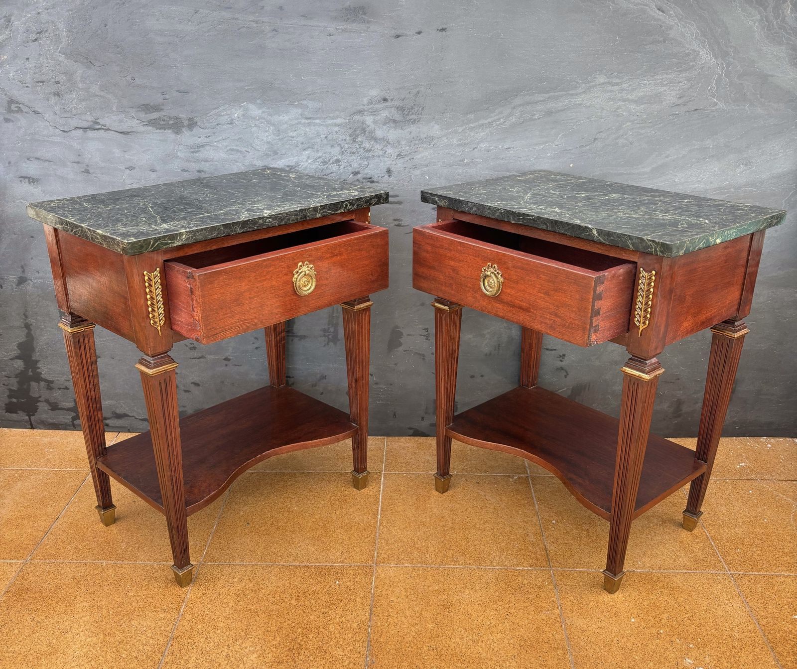 Pair Of French Louis XVI Style Nightstands With Marble Tops, Early 20th Century photo vintage