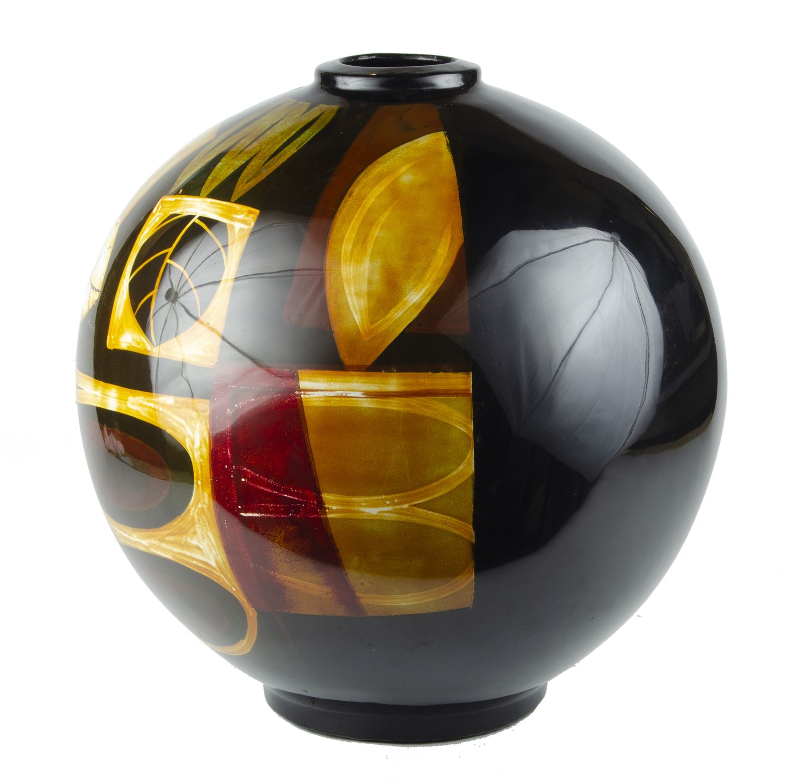 Early 20th Century Art Déco Enameled Ceramic Bulbous Decorative Vase With Vegetal And Geometric Motifs, France photo furniture