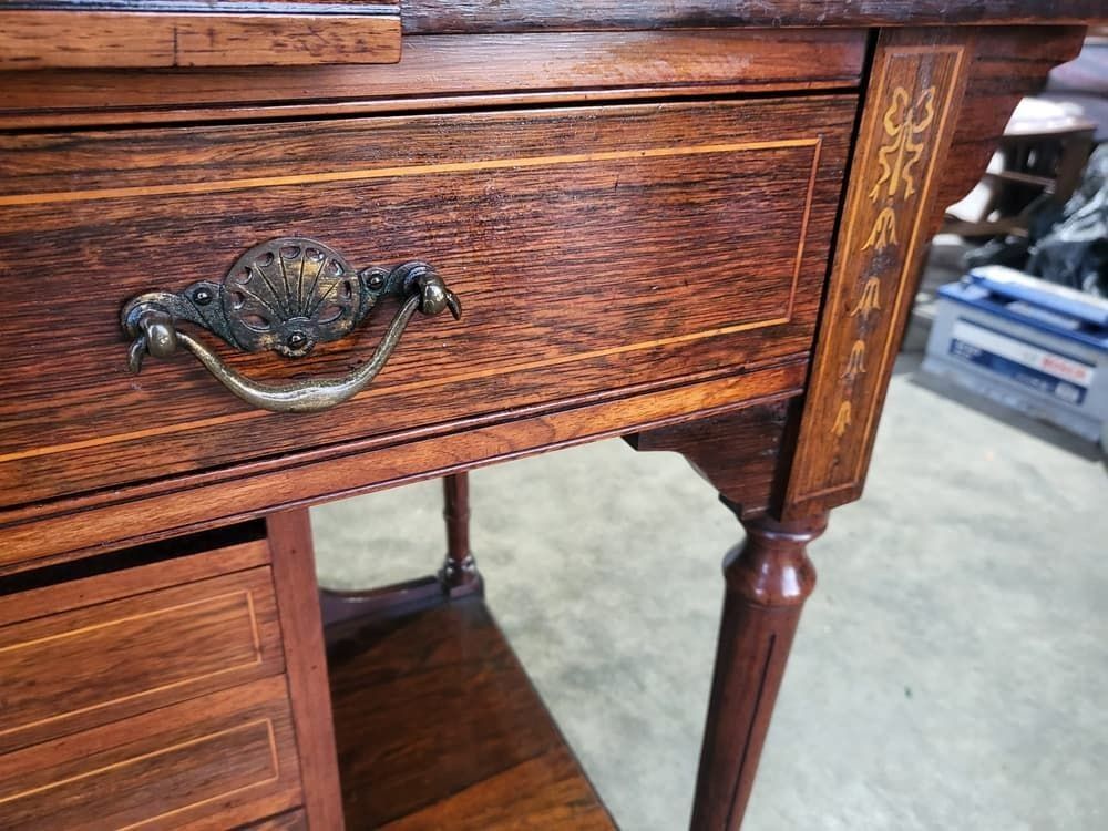 495.0 Antique Edwardian Inlaid Rosewood Small Writing Desk Table Drawers photo