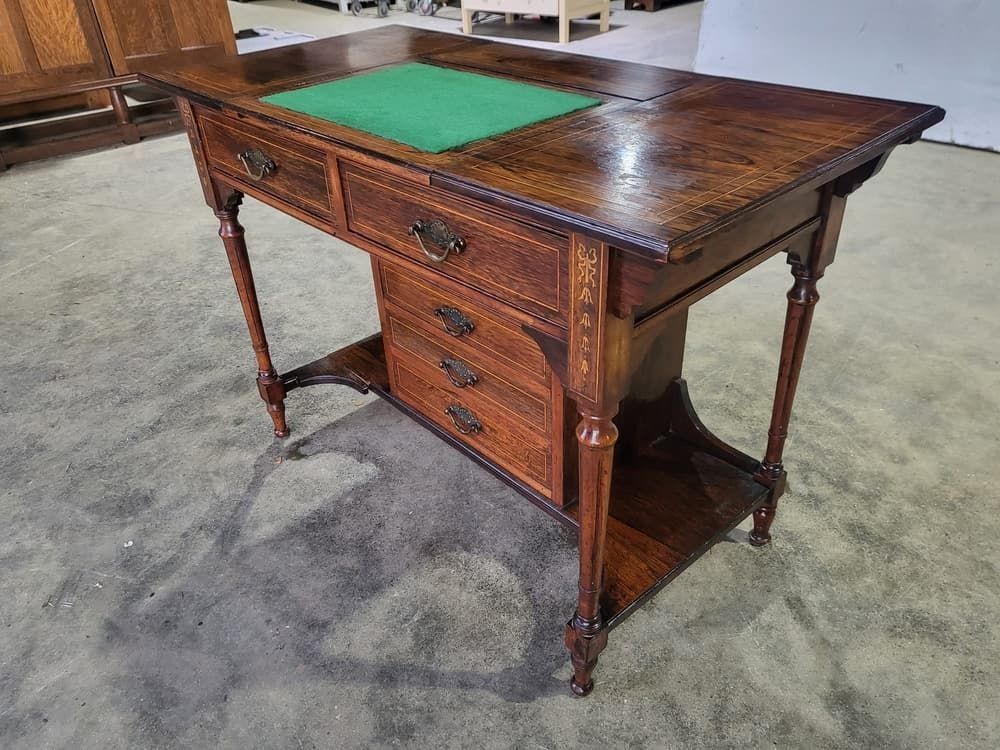 photo vinterior Antique Edwardian Inlaid Rosewood Small Writing Desk Table Drawers