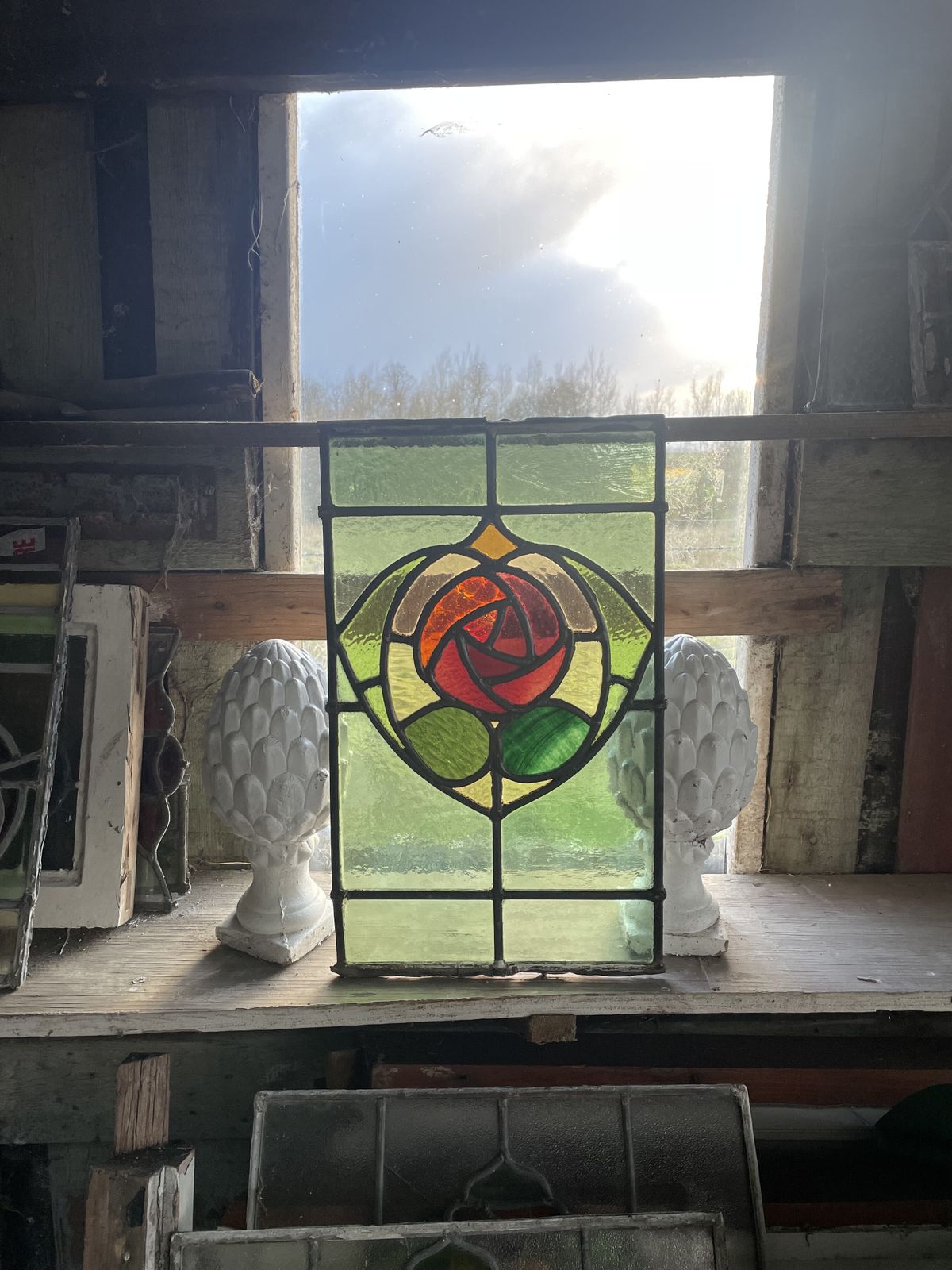 Edwardian Stained Glass Window With Vibrant Rose Central Motif And Emerald Green Glass C.1900 H39xw29cm (Part Of 2 Windows In Family) photo furniture