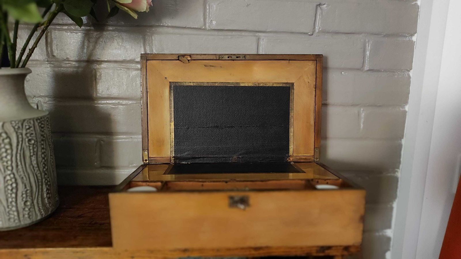 Antique French Wooden Portable Desk Writing Slope Box With Inkpots photo Home Decor