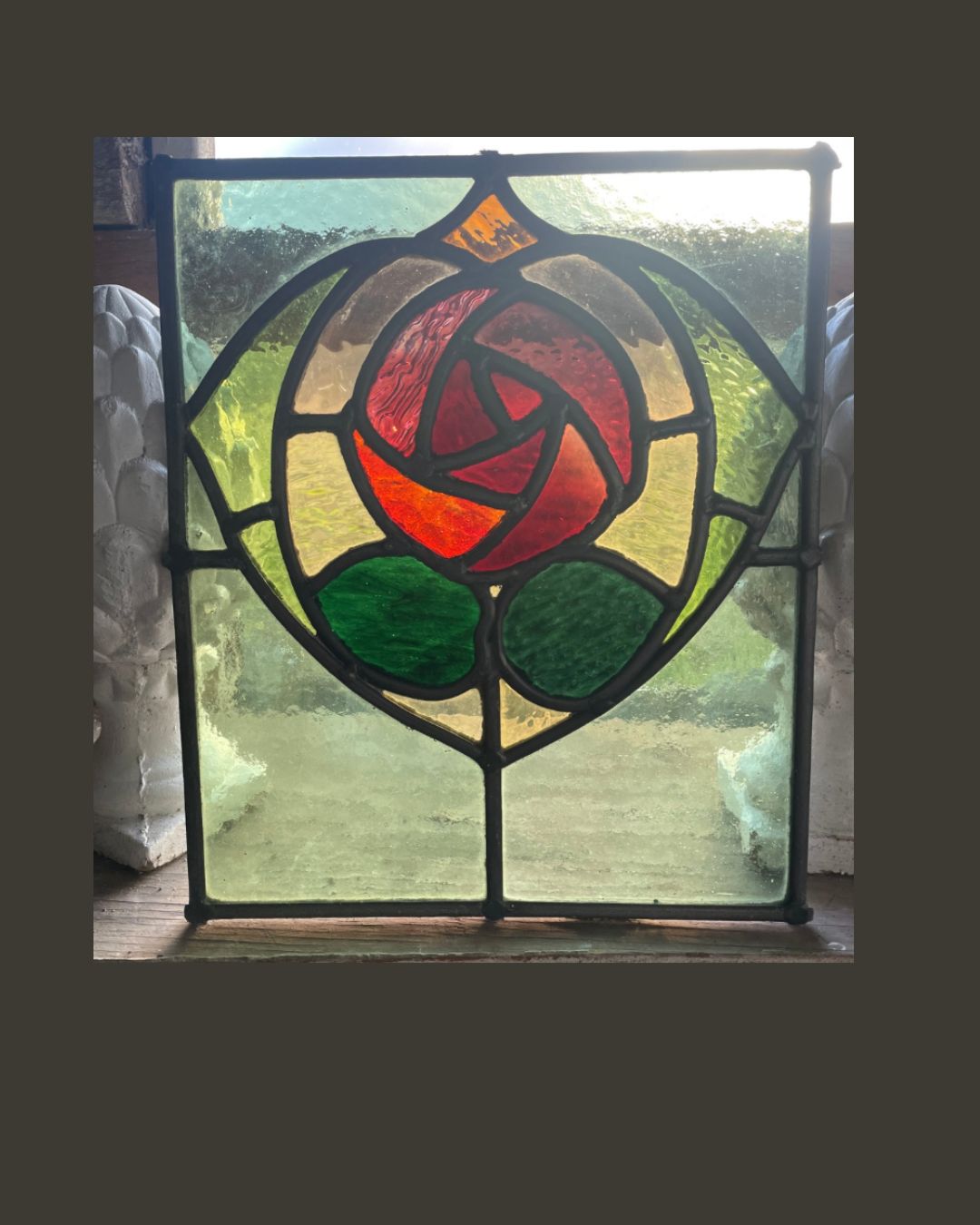 Art Nouveau Stained Glass Window Panel With Vibrant Red Rose Motif And Emerald Green Glass C1890. H35xw29cm (1 Part Of 2 Windows In The Family)