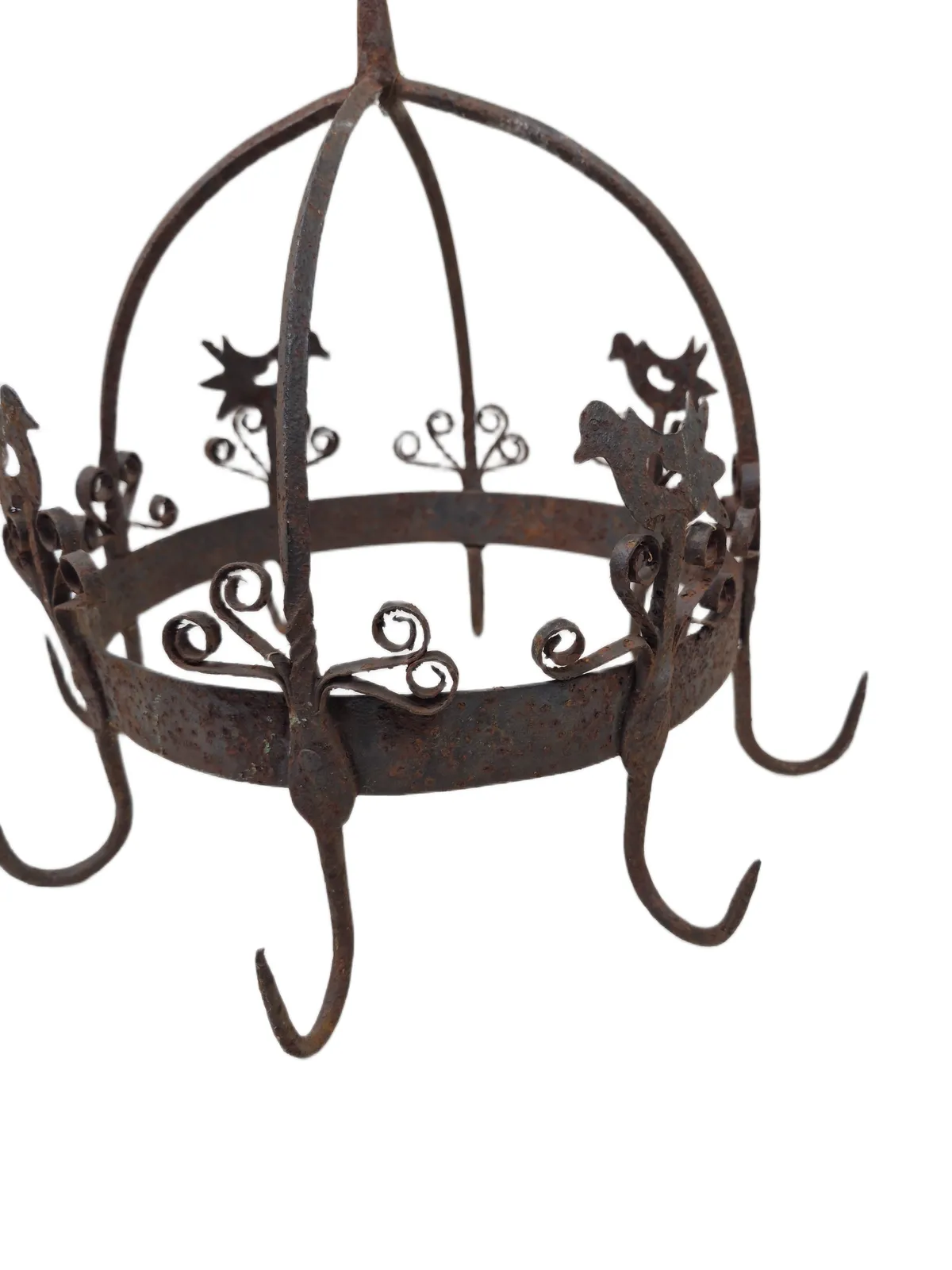 Antique French Heavy Wrought Iron Crown Pan Hanger Or Game Hanger With 8 Hooks photo buy