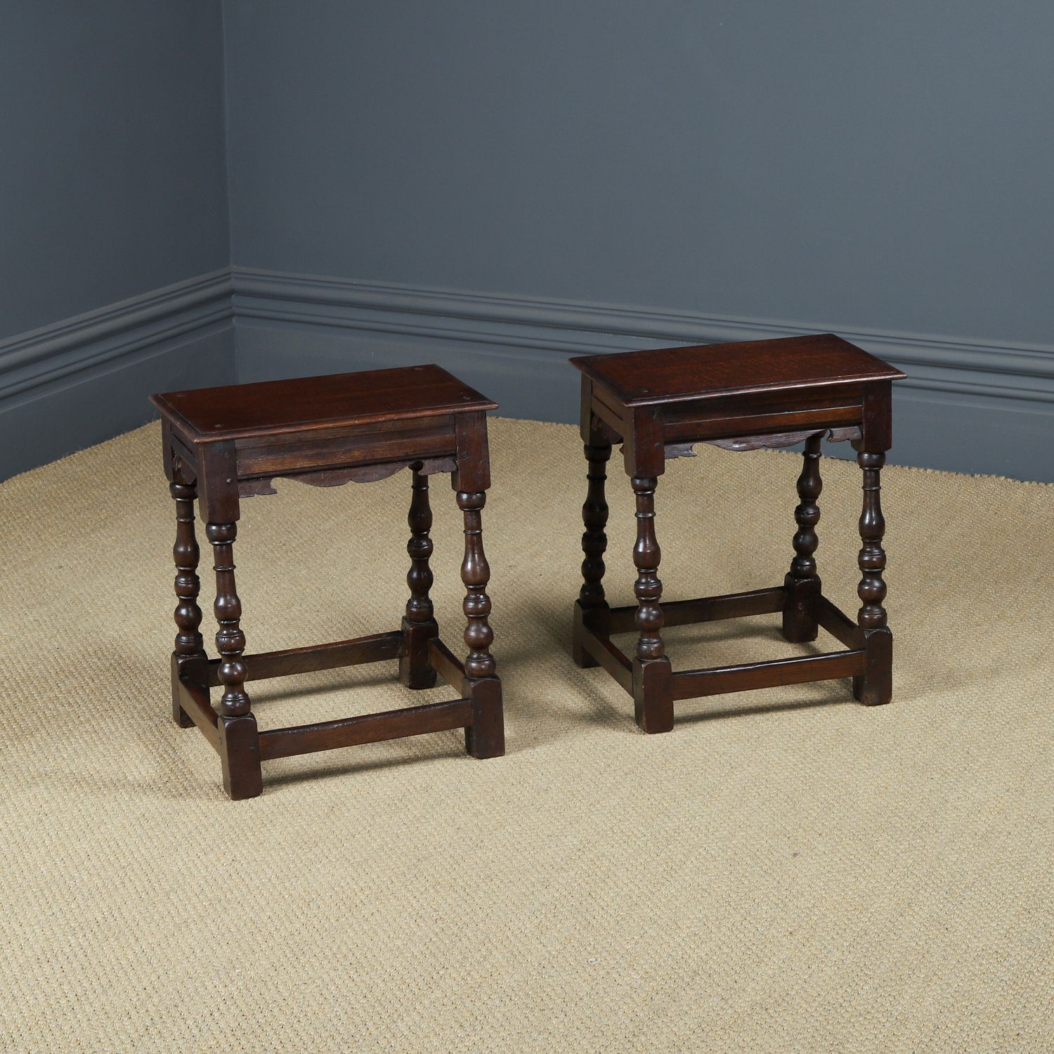 Antique English Pair Of 17th Century Style Oak Joint Stools / Occasional / Bedside Tables (Circa 1880) photo furniture