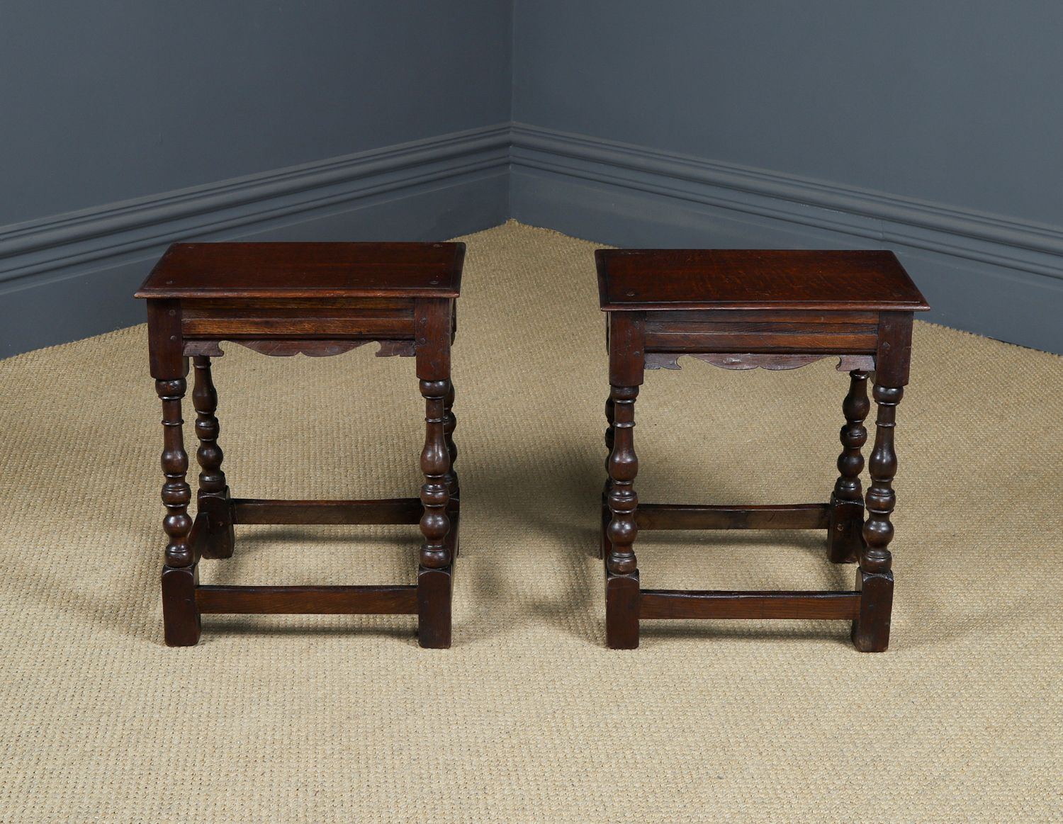 Antique English Pair Of 17th Century Style Oak Joint Stools / Occasional / Bedside Tables (Circa 1880) photo Furniture