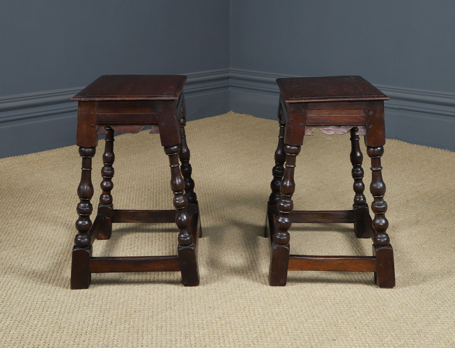 Antique English Pair Of 17th Century Style Oak Joint Stools / Occasional / Bedside Tables (Circa 1880) photo 1695.0
