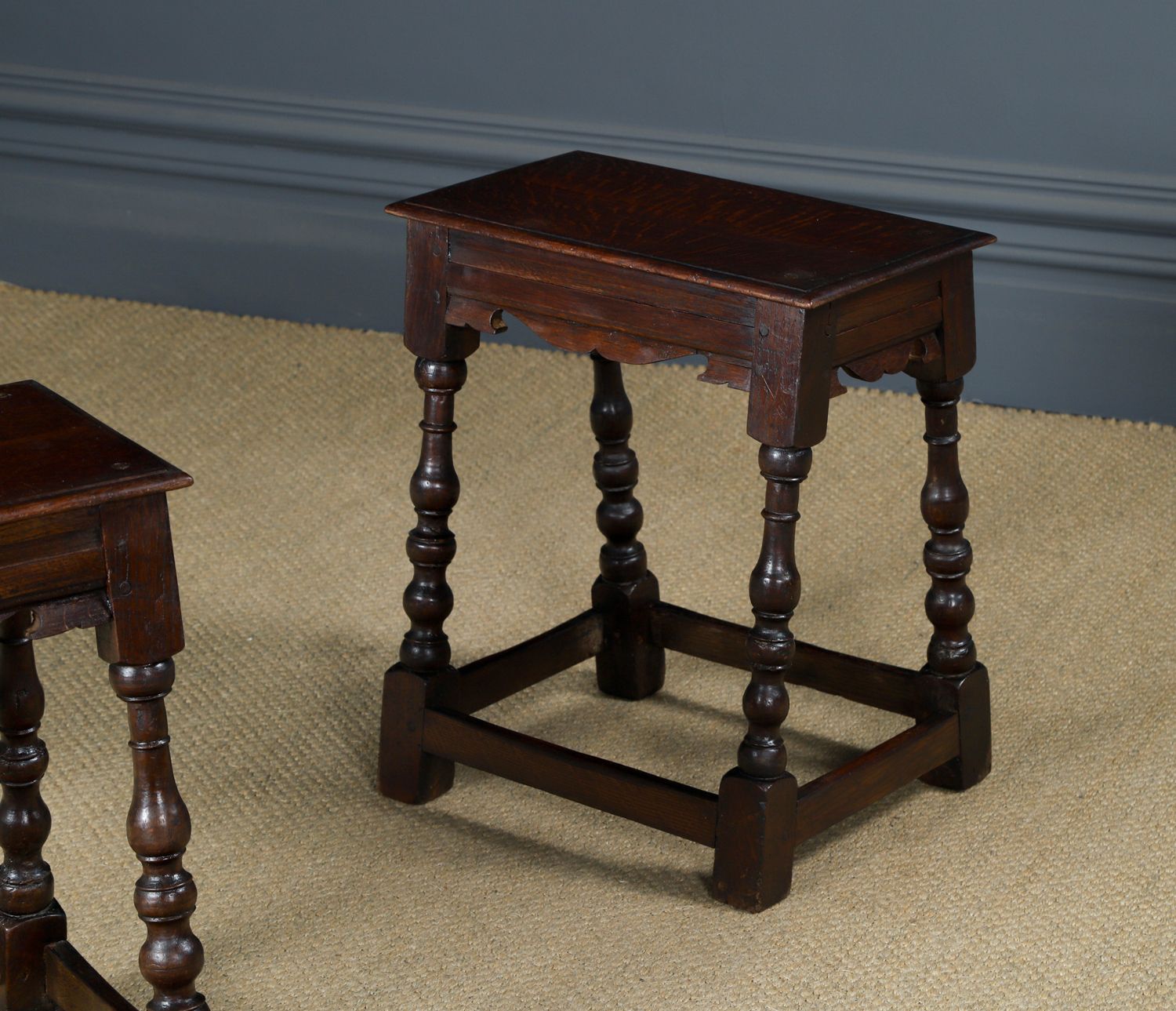 photo for sale Antique English Pair Of 17th Century Style Oak Joint Stools / Occasional / Bedside Tables (Circa 1880)