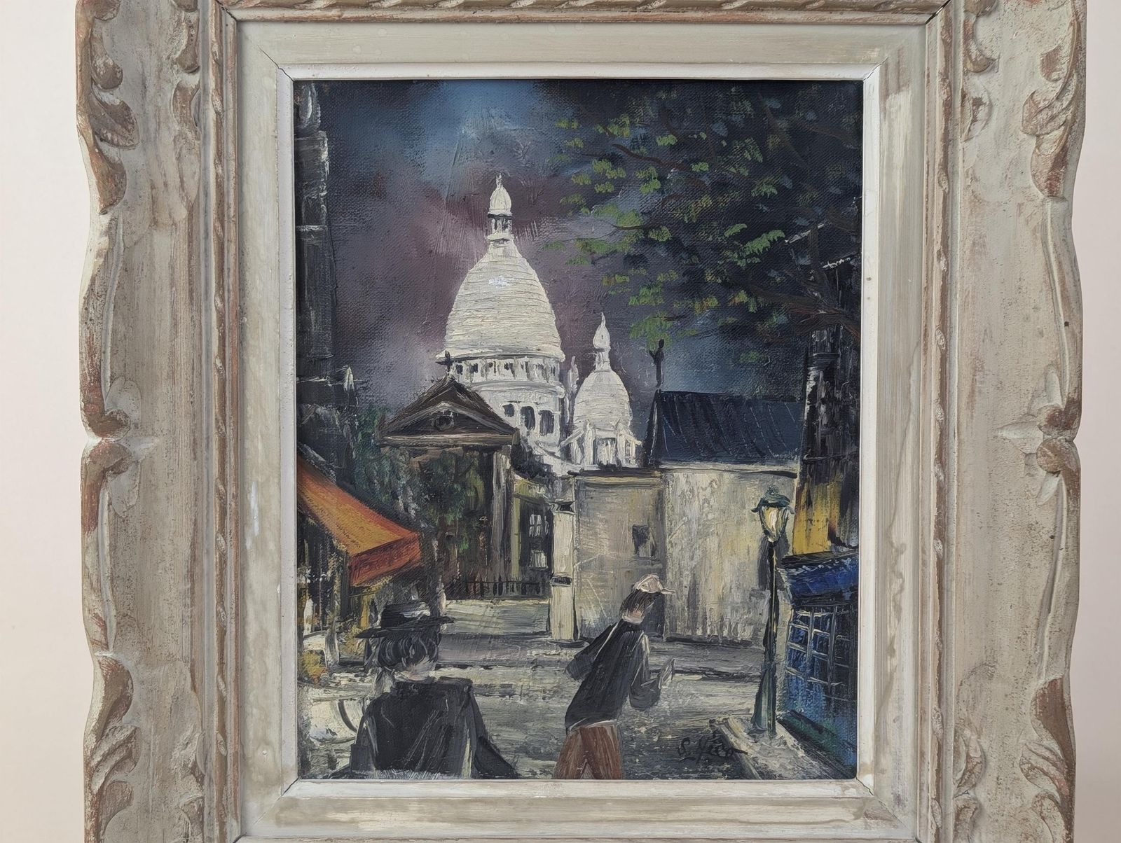French Sacré Cœur Paris Night Oil Painting Art: Signed S. Nico Montmartre Street Scene In Hand Carved Frame photo furniture