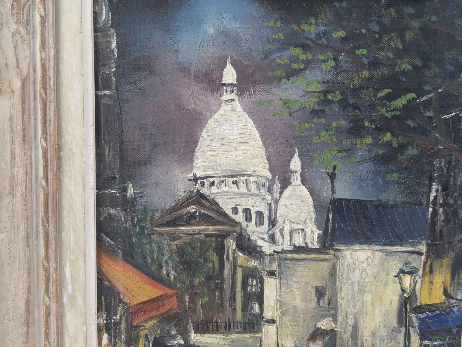 French Sacré Cœur Paris Night Oil Painting Art: Signed S. Nico Montmartre Street Scene In Hand Carved Frame photo Art