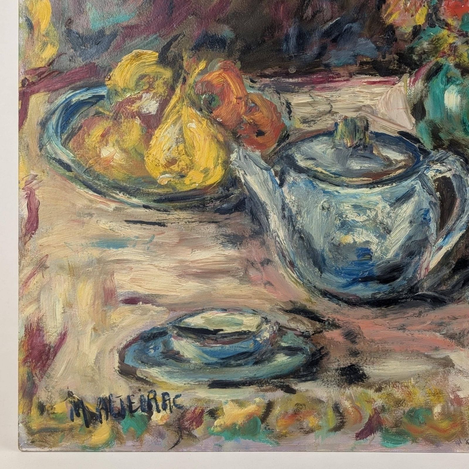 French Still Life Oil Painting Signed Maljeirac: Large Floral Teapot Canvas Board, Blue & Yellow Mid Century Impasto Wall Art photo furniture