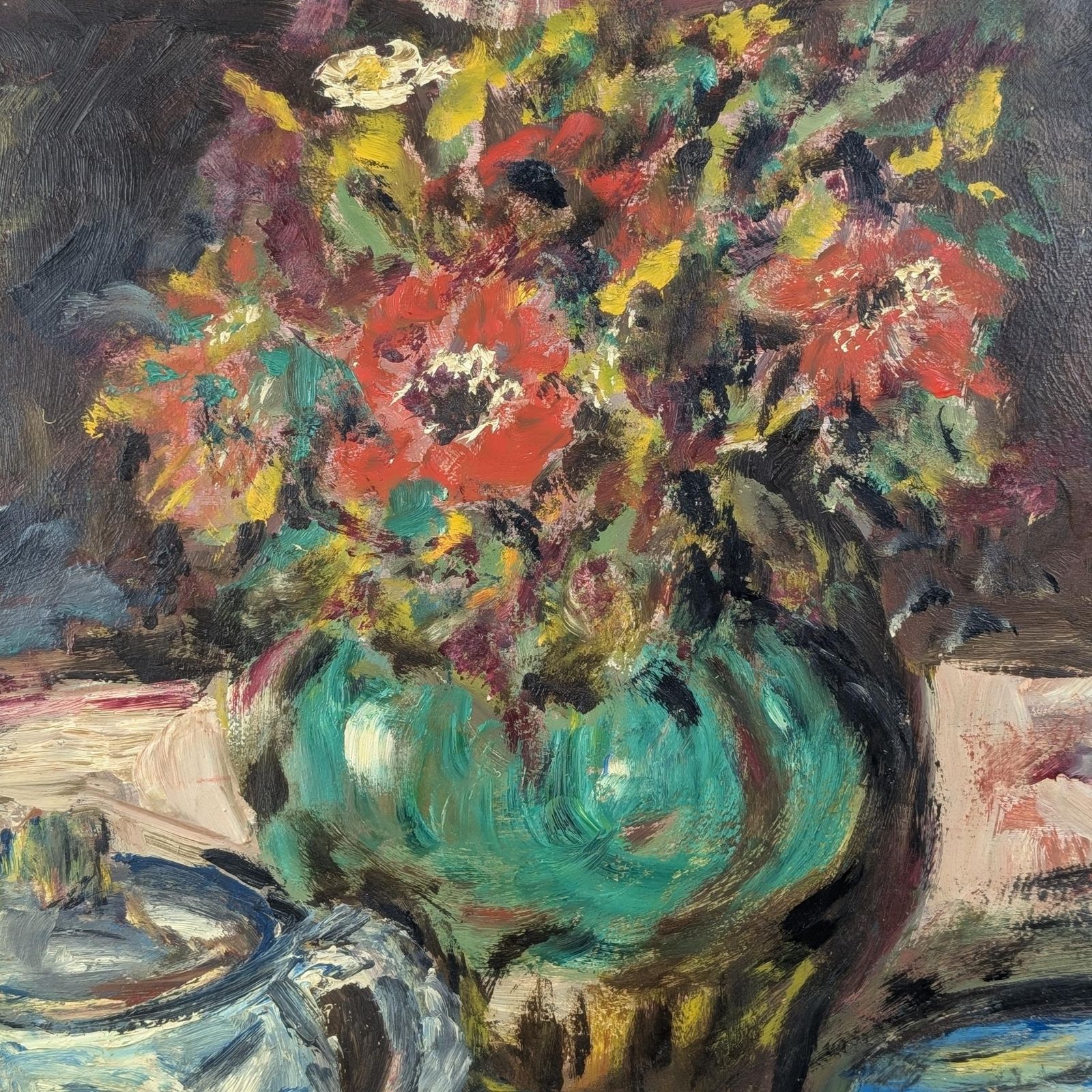 French Still Life Oil Painting Signed Maljeirac: Large Floral Teapot Canvas Board, Blue & Yellow Mid Century Impasto Wall Art photo vintage