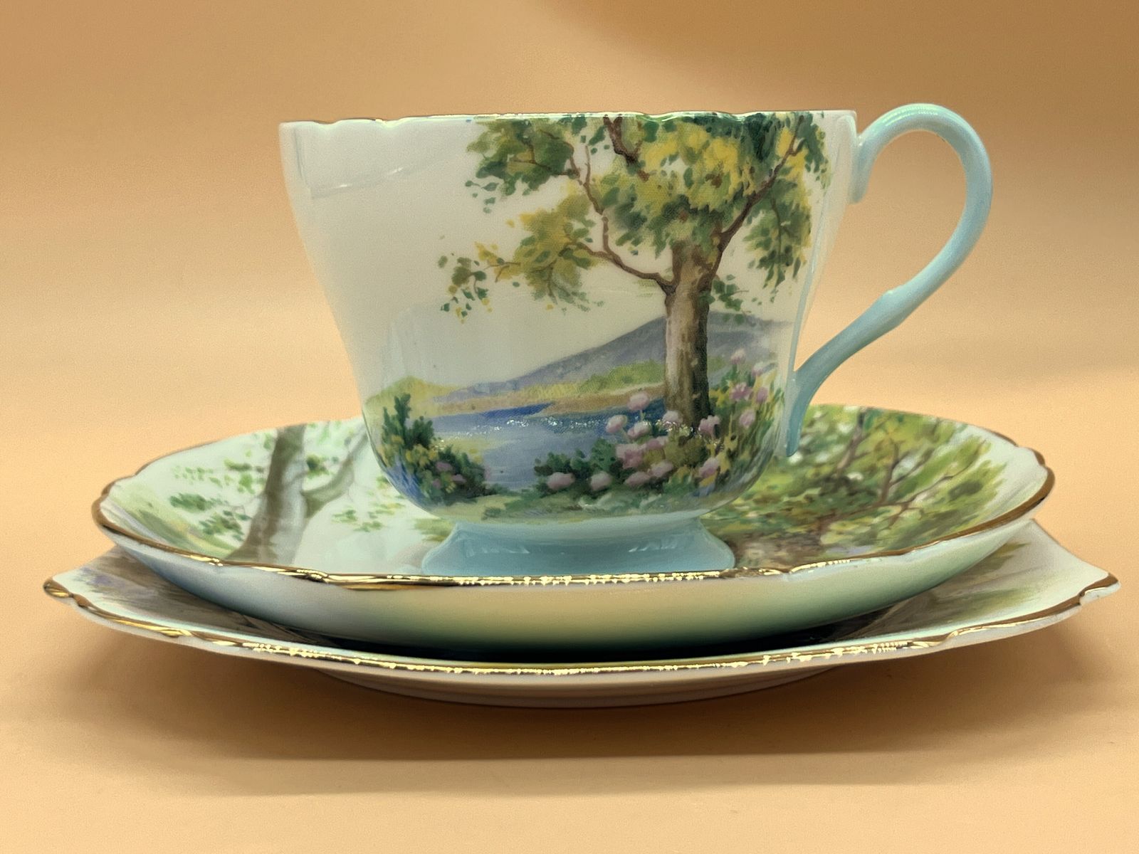Vintage Shelley China Woodland Design Richmond Shape Tea Cup, Saucer And Side Plate Trio. 13348. photo 75.0
