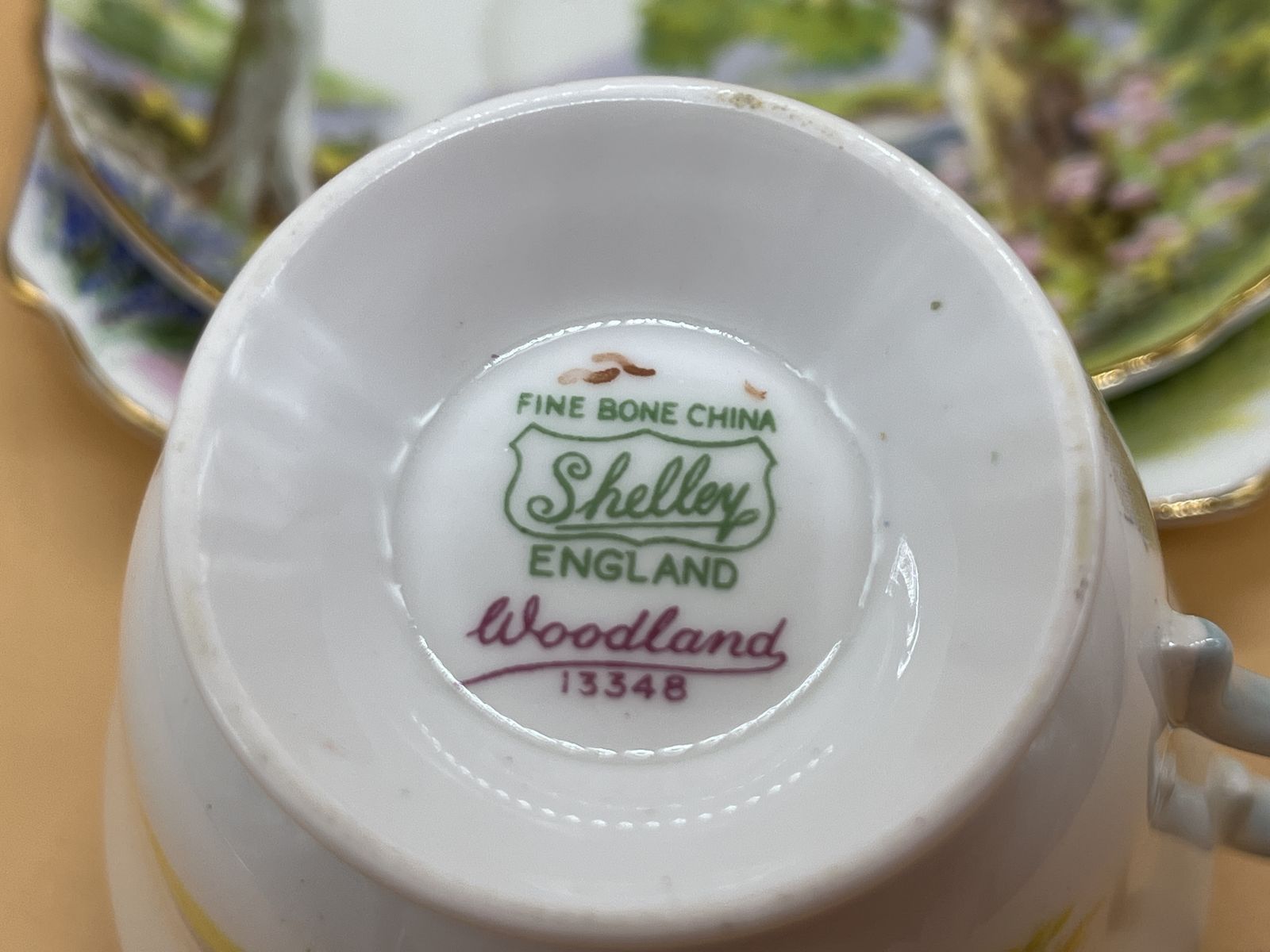 photo furniture Vintage Shelley China Woodland Design Richmond Shape Tea Cup, Saucer And Side Plate Trio. 13348.