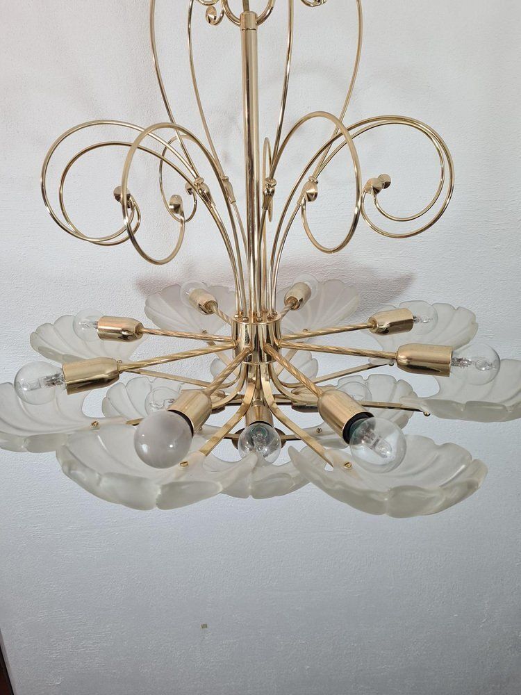 Frosted Glass And Brass Chandelier From Deknudt, Belgium, 1970s photo Lighting