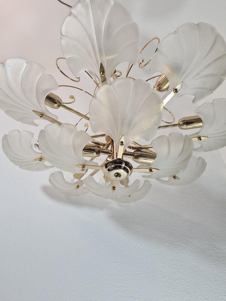 Frosted Glass And Brass Chandelier From Deknudt, Belgium, 1970s photo 330.0