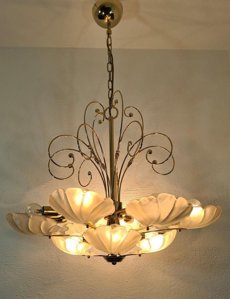 330.0 Frosted Glass And Brass Chandelier From Deknudt, Belgium, 1970s photo