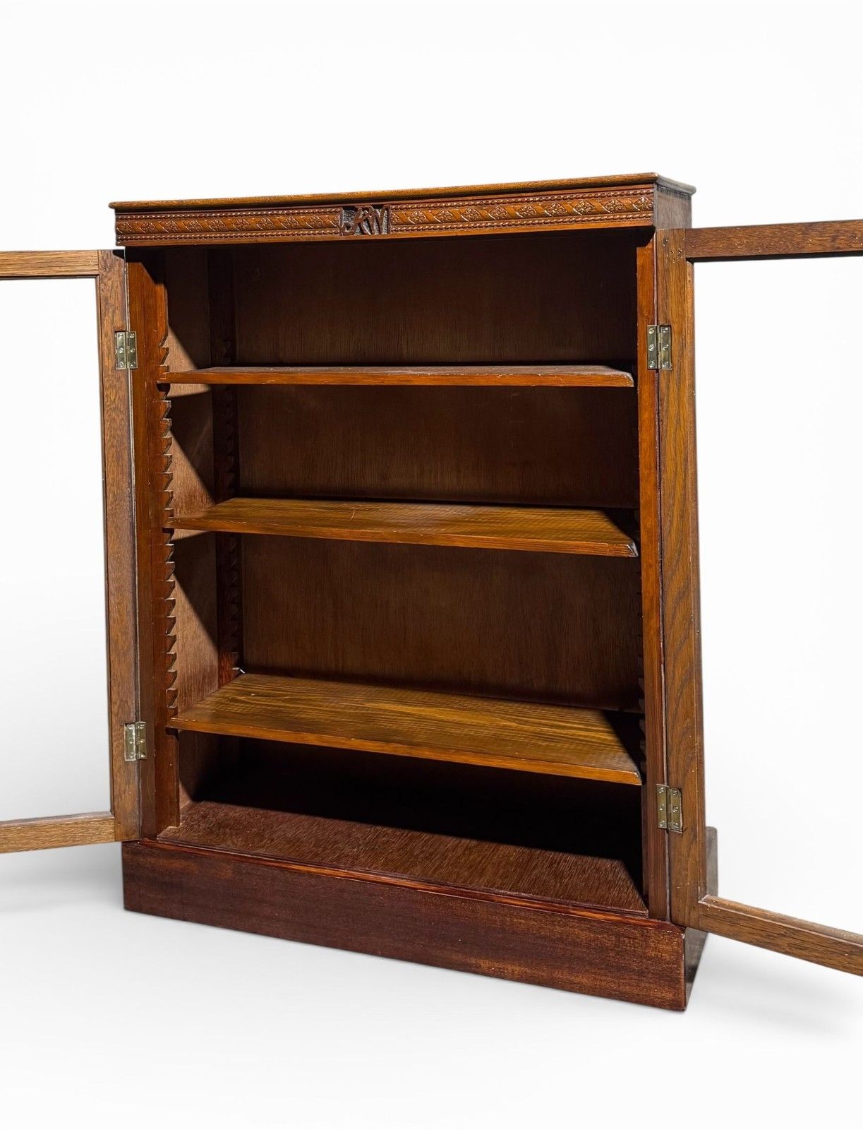 Antique Carved Oak Bookcase Initialed R.M C 1900 Rare Adjustable Shelves photo for sale