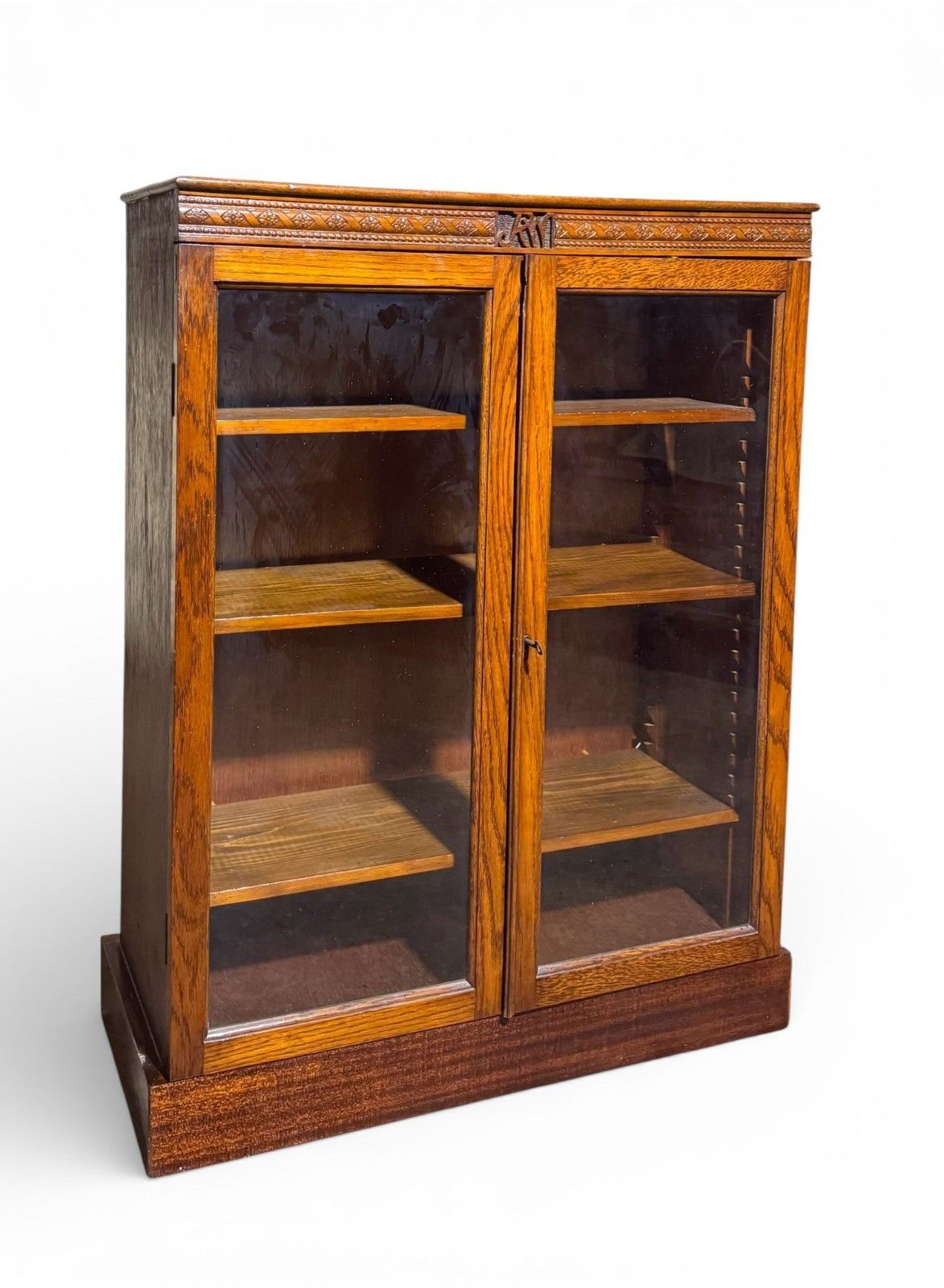 photo for sale Antique Carved Oak Bookcase Initialed R.M C 1900 Rare Adjustable Shelves