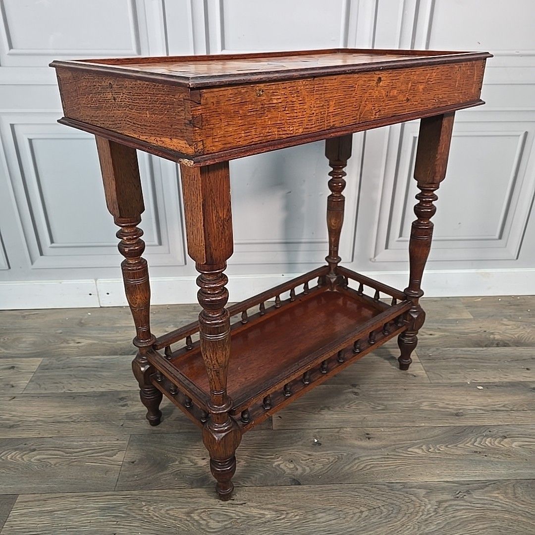 Antique Marquetry Side Table Continental Inlaid Oak – Turned Legs Victorian photo furniture