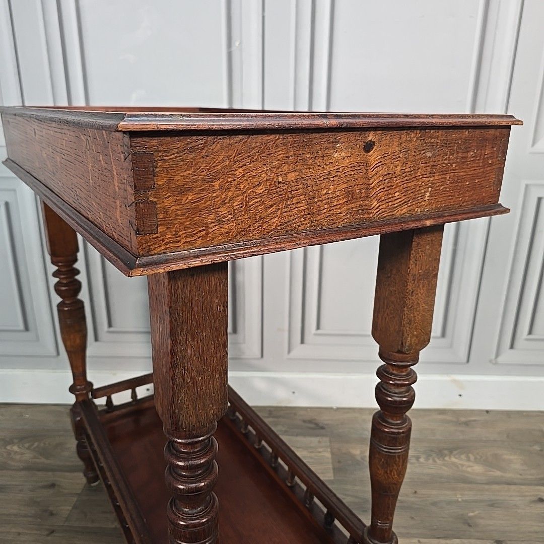 photo buy Antique Marquetry Side Table Continental Inlaid Oak – Turned Legs Victorian