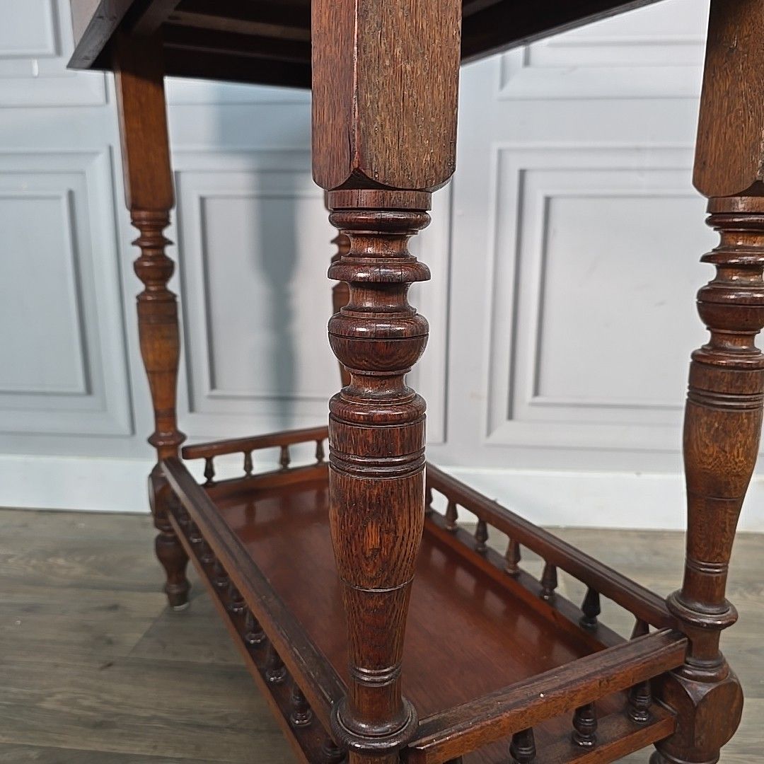 photo vintage Antique Marquetry Side Table Continental Inlaid Oak – Turned Legs Victorian