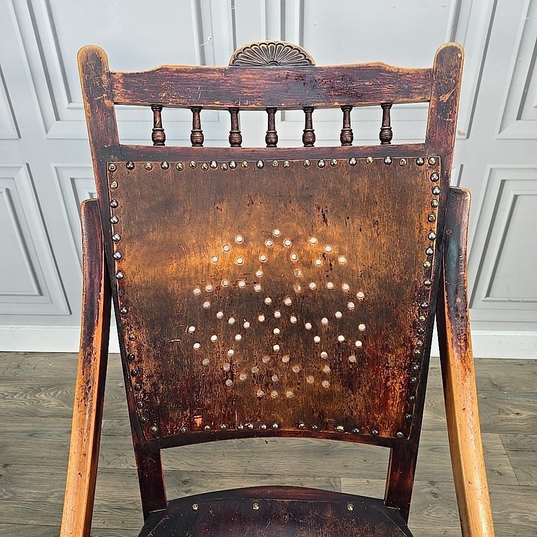 Antique Wooden Rocking Chair – Perforated Seat & Back Victorian / Arts & Crafts photo for sale