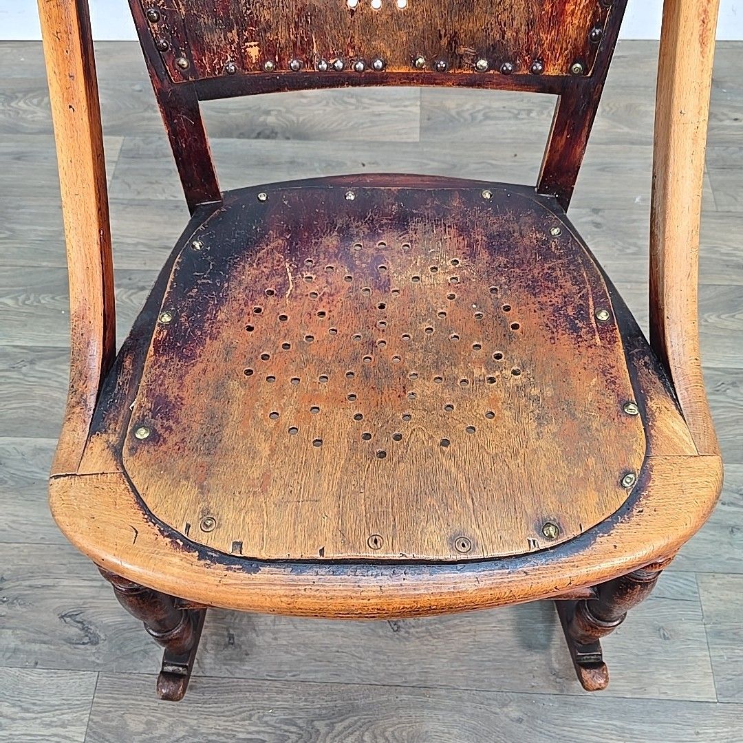 Antique Wooden Rocking Chair – Perforated Seat & Back Victorian / Arts & Crafts photo Furniture