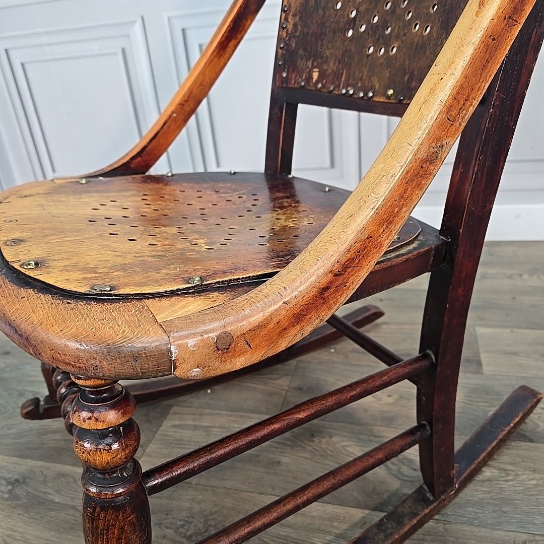 170.0 Antique Wooden Rocking Chair – Perforated Seat & Back Victorian / Arts & Crafts photo