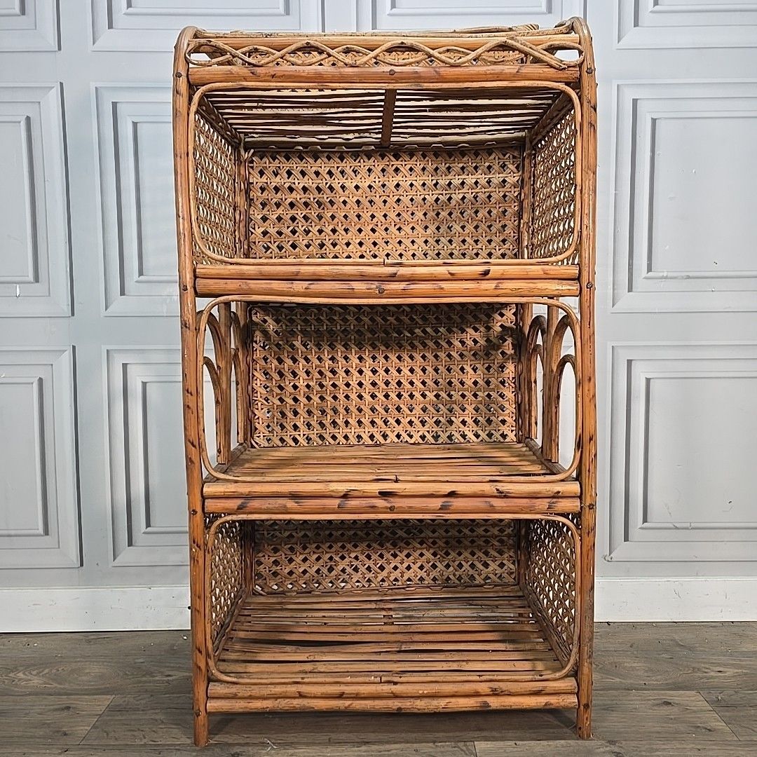 Retro Vintage Bookcase Rattan & Wicker Shelving Unit – Boho Cane Mid Century Mcm photo vinterior