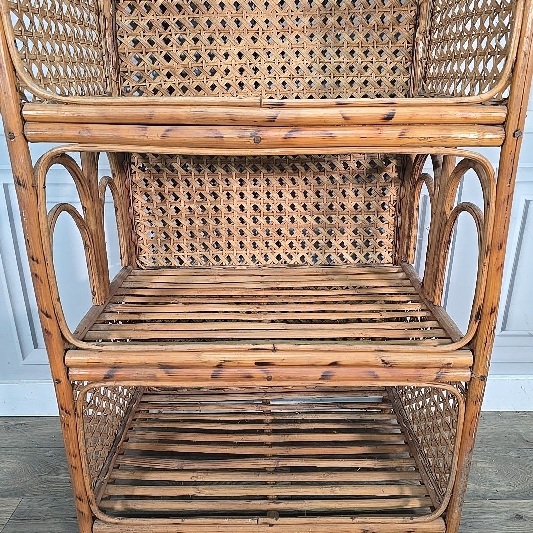 Retro Vintage Bookcase Rattan & Wicker Shelving Unit – Boho Cane Mid Century Mcm photo vintage