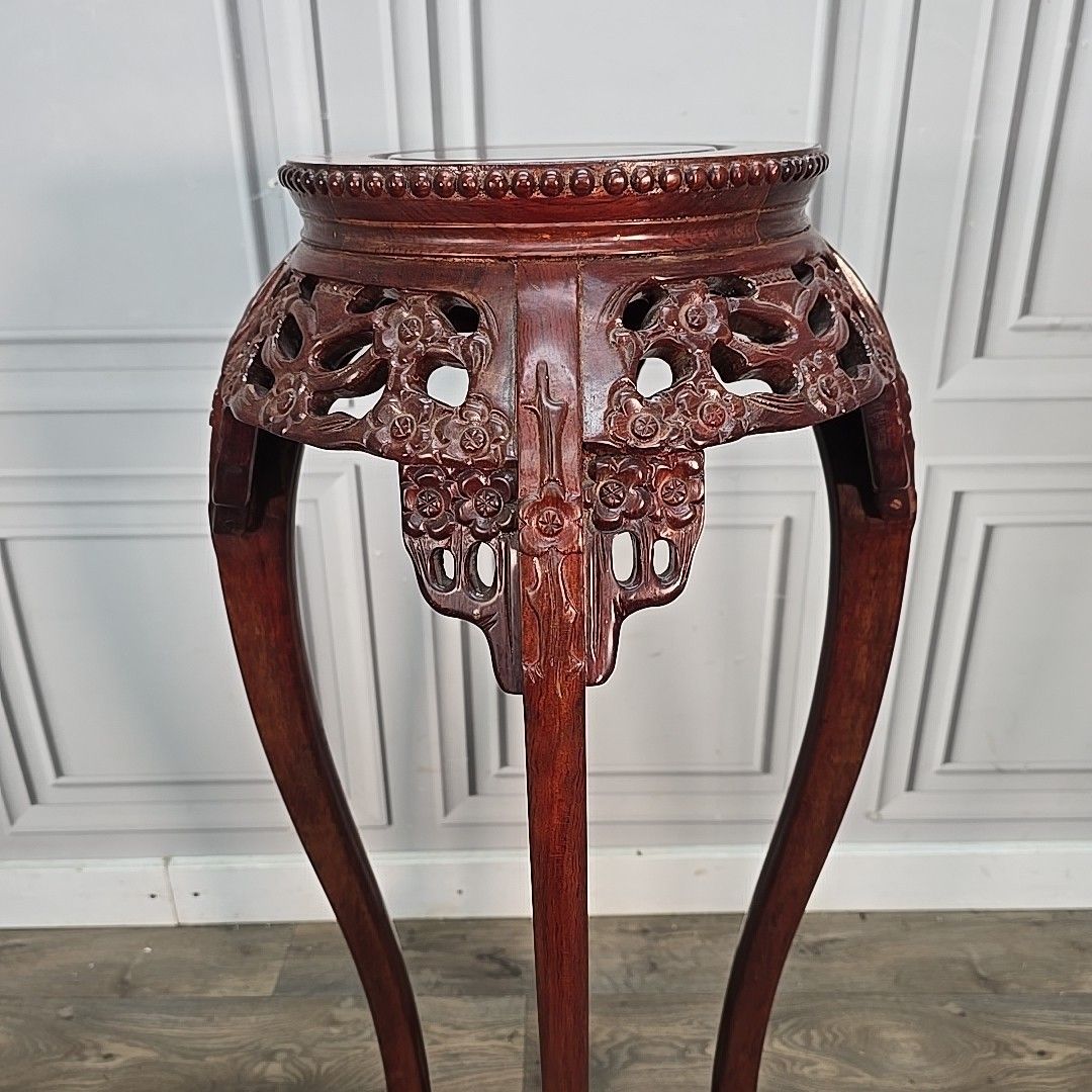 Vintage Oriental Plant Stand Chinese Carved Hardwood – Floral Jardinière Table photo vinterior