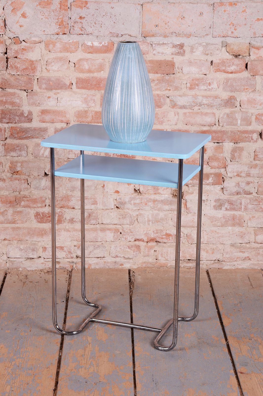 Restored Bauhaus Side Table, By Mücke Melder, Wood, Chrome, Czech, 1930s photo vintage