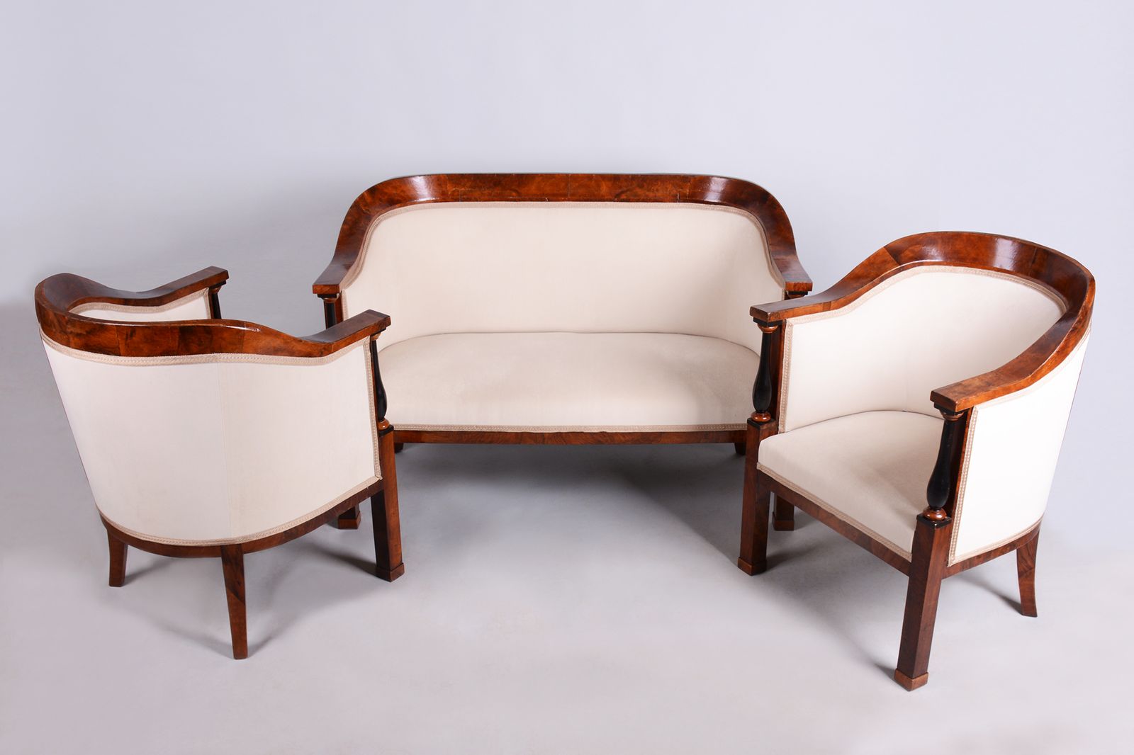 Restored Biedermeier Seating Set, Walnut, Ebony, Reupholstered, Austria, 1820s