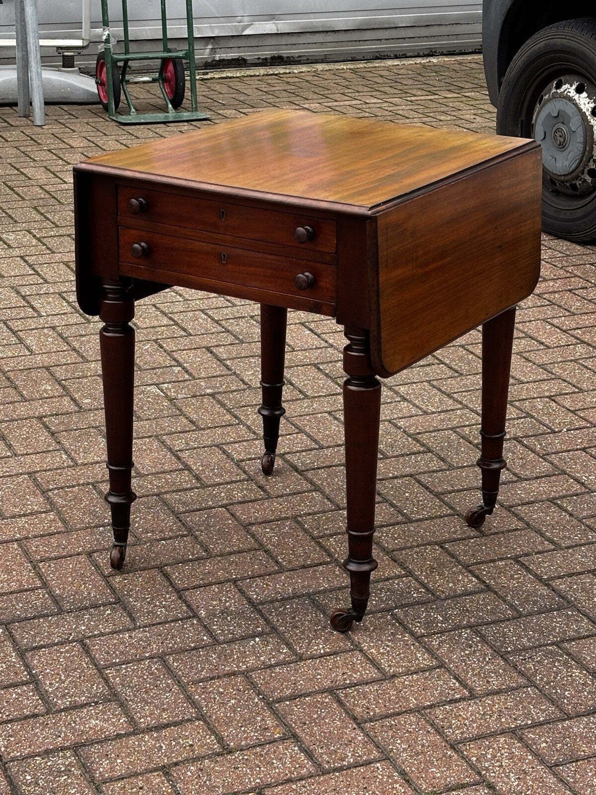 Victorian Mahogany Pembroke Drop Leaf Side Table, Lamp Table, Brass Castors. photo Furniture