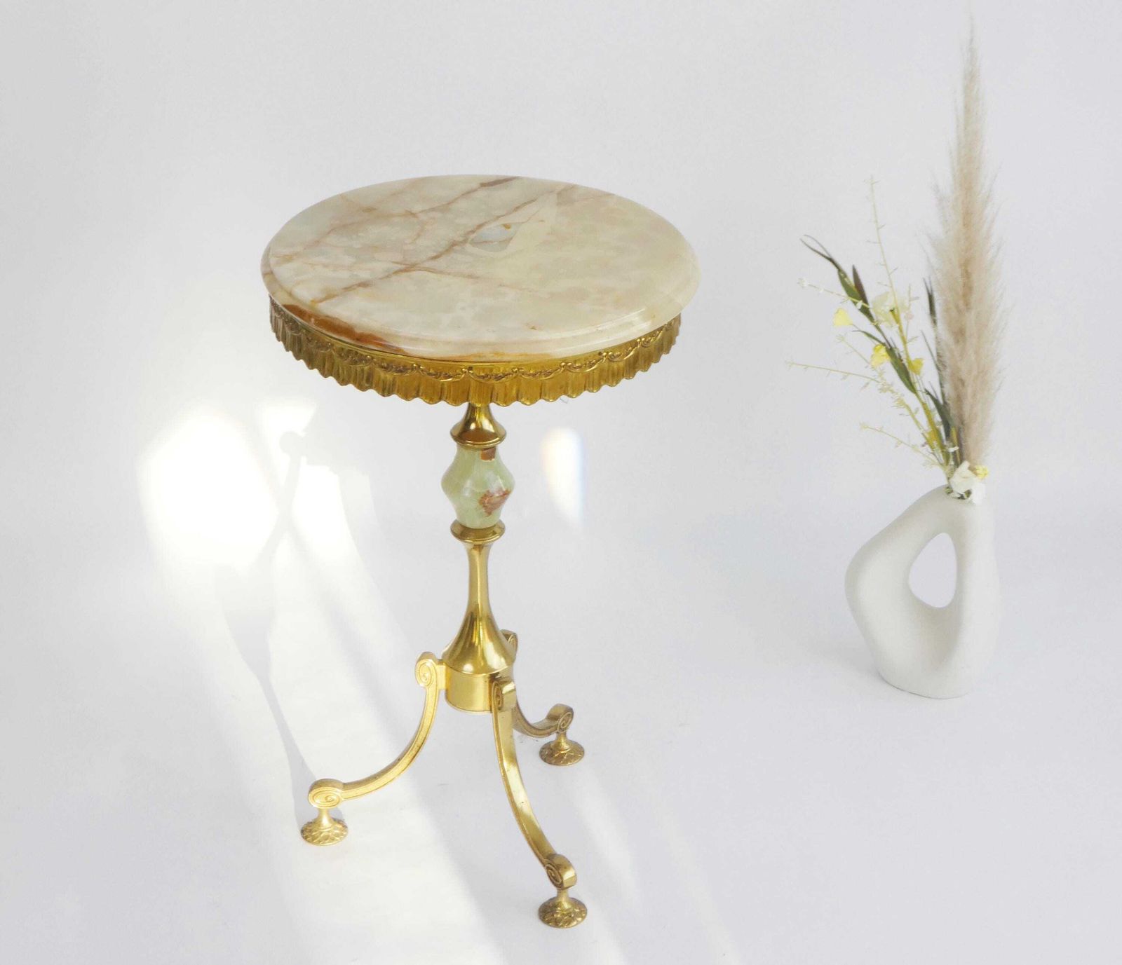 Antique Marble Tripod Table With Brass Legs, Ornate Onyx Plant Stand, Pedestal With Round Top