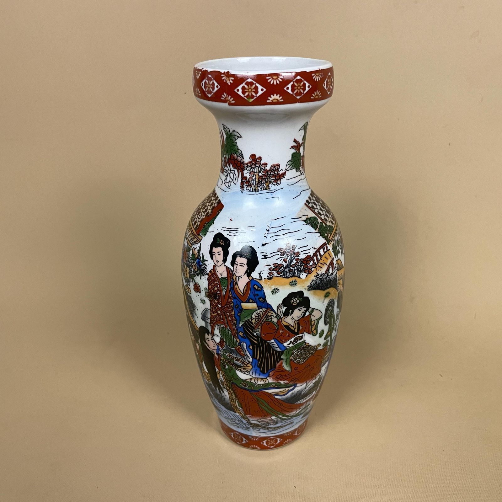Oriental Ceramic Figural Vase Chinese Style Decorated Red Display Ornament Asian Home Decor Chinoiserie Scenic Picture