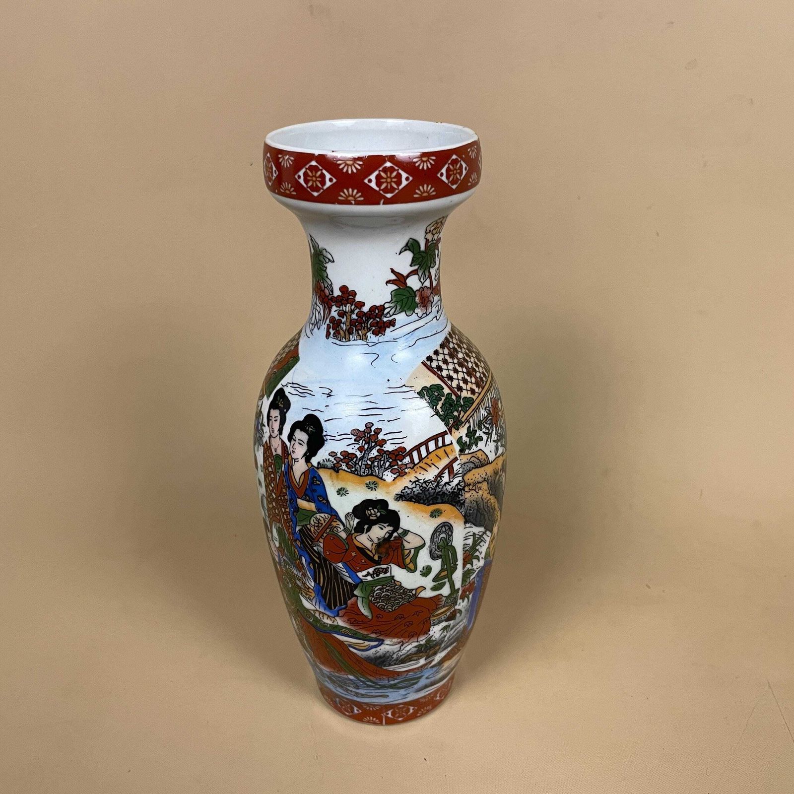 Oriental Ceramic Figural Vase Chinese Style Decorated Red Display Ornament Asian Home Decor Chinoiserie Scenic Picture photo 55.0