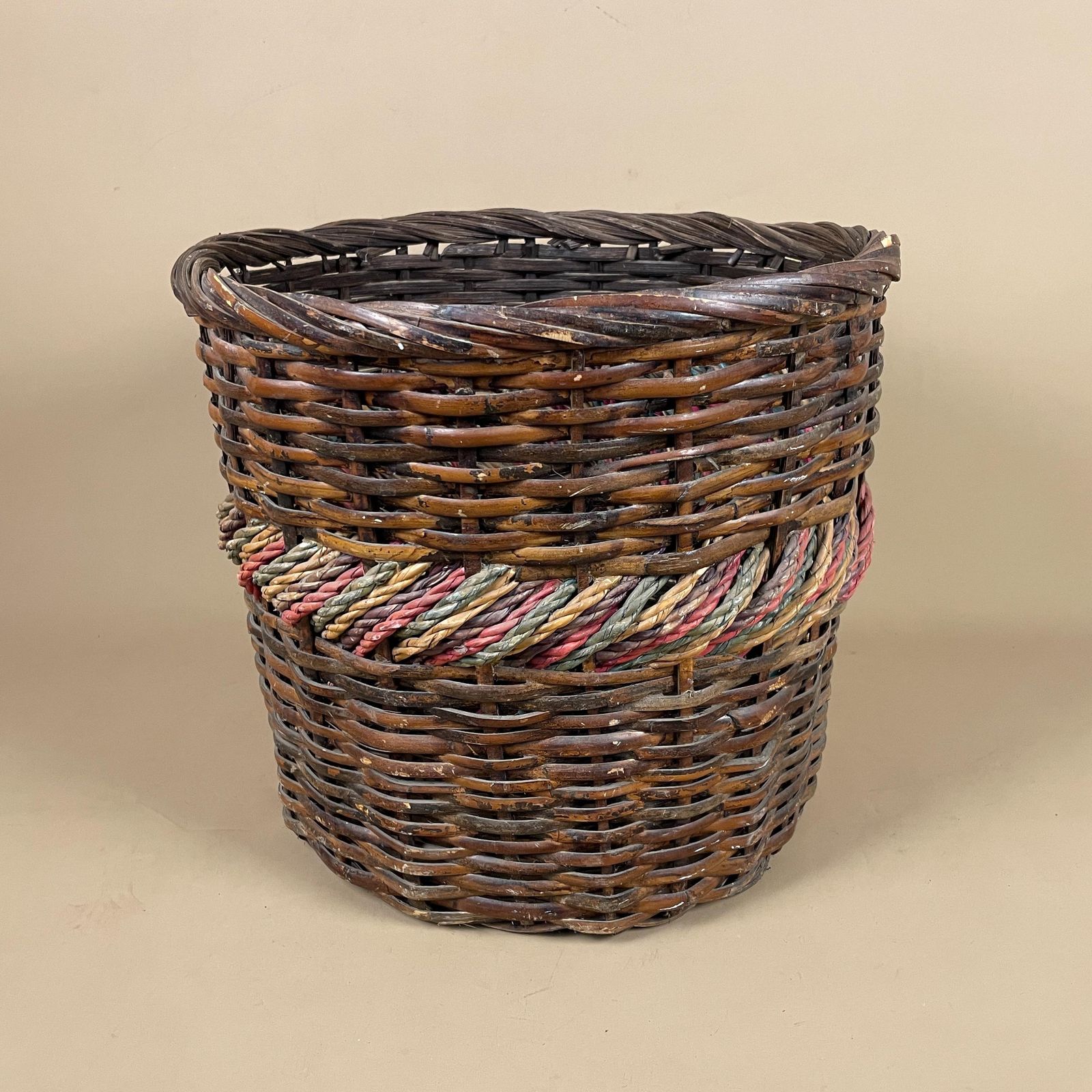 Vintage Dark Wicker Basket Tall Handwoven Storage Basket With Twisted String Detail Rustic Boho Home Decor Natural Weave