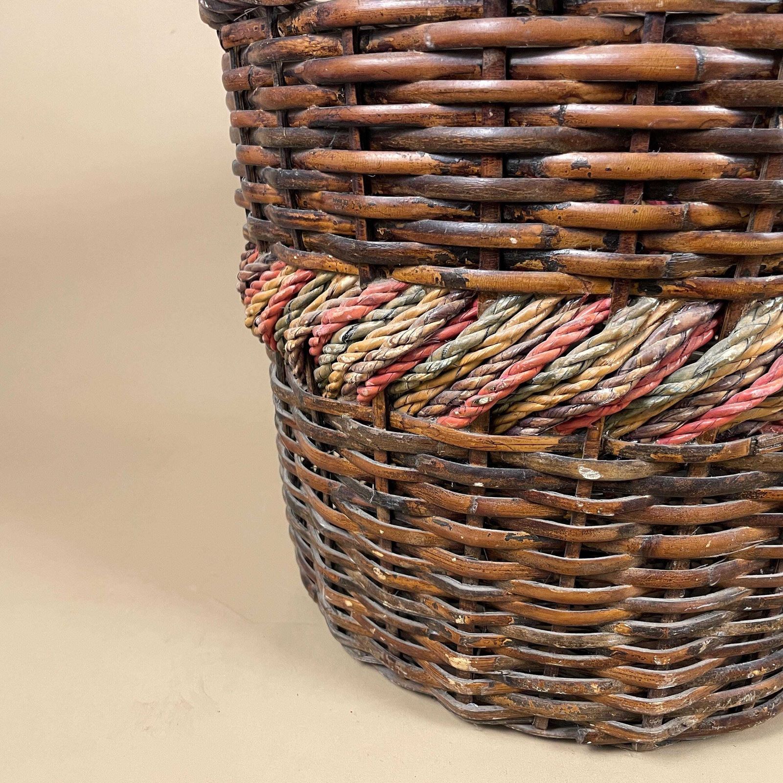 Vintage Dark Wicker Basket Tall Handwoven Storage Basket With Twisted String Detail Rustic Boho Home Decor Natural Weave photo Home Decor