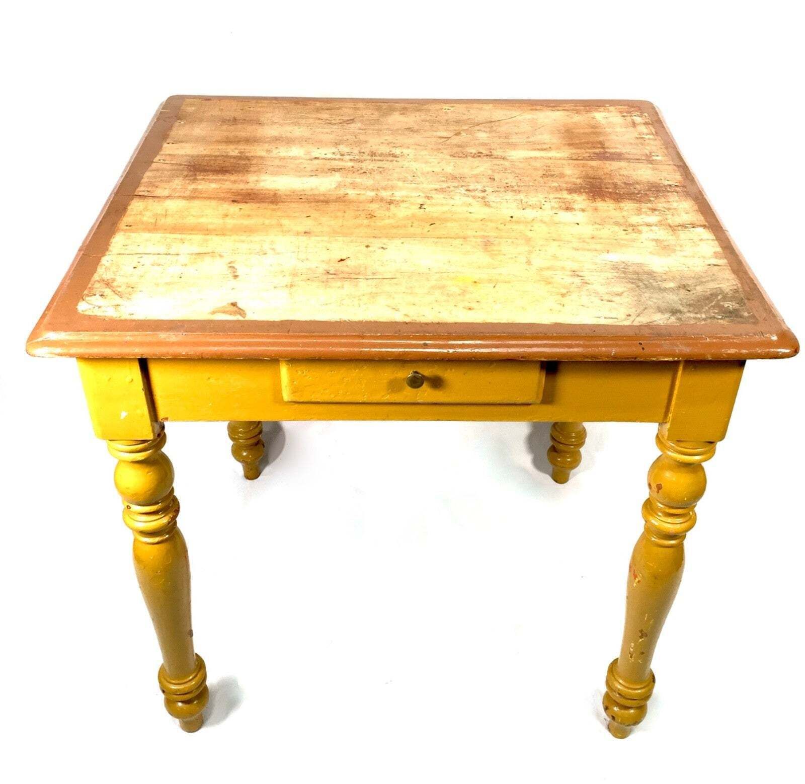 Antique Pine Wooden French Small Table With Drawer / Yellow Painted Turned Legs
