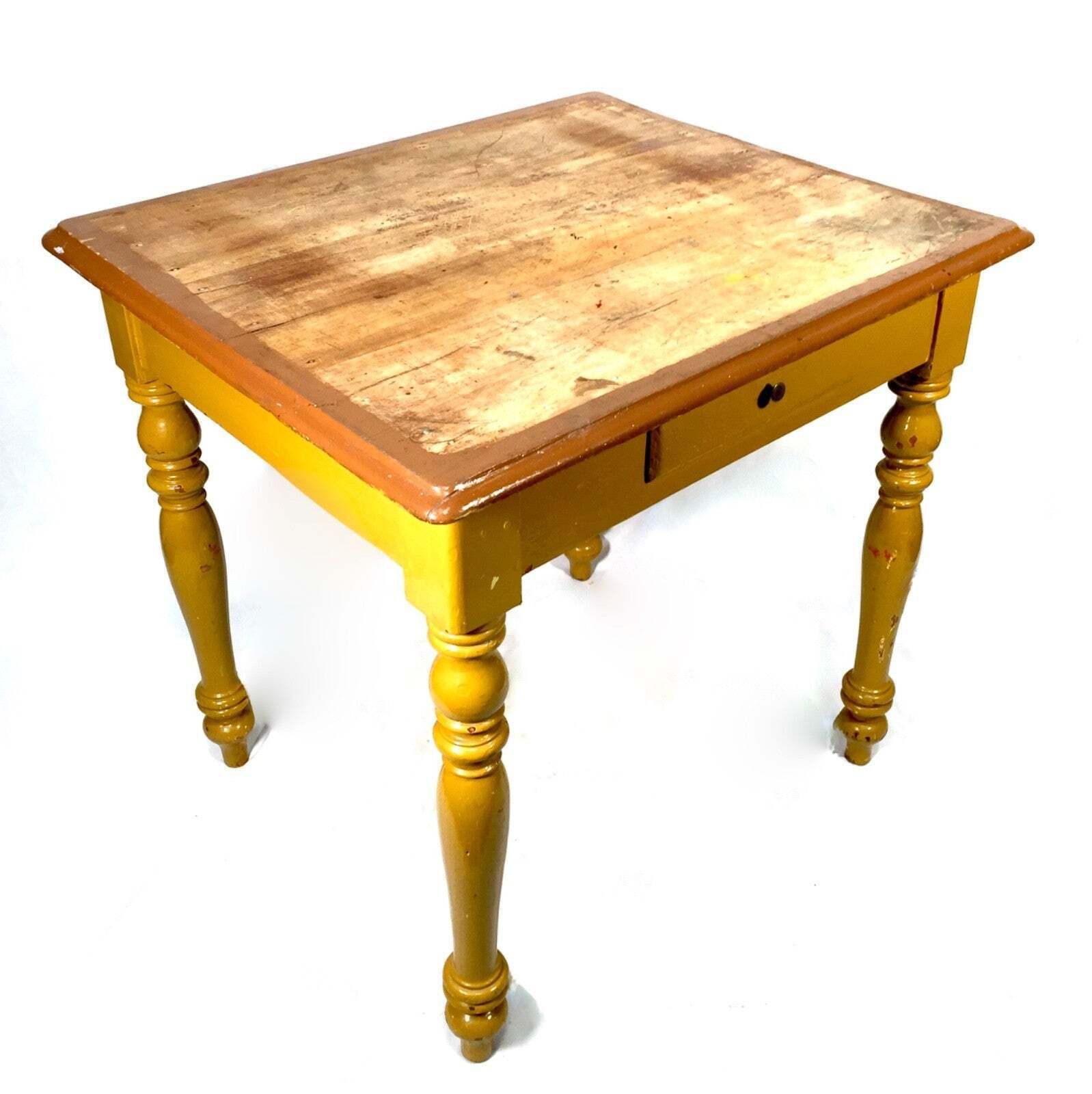 Antique Pine Wooden French Small Table With Drawer / Yellow Painted Turned Legs photo furniture