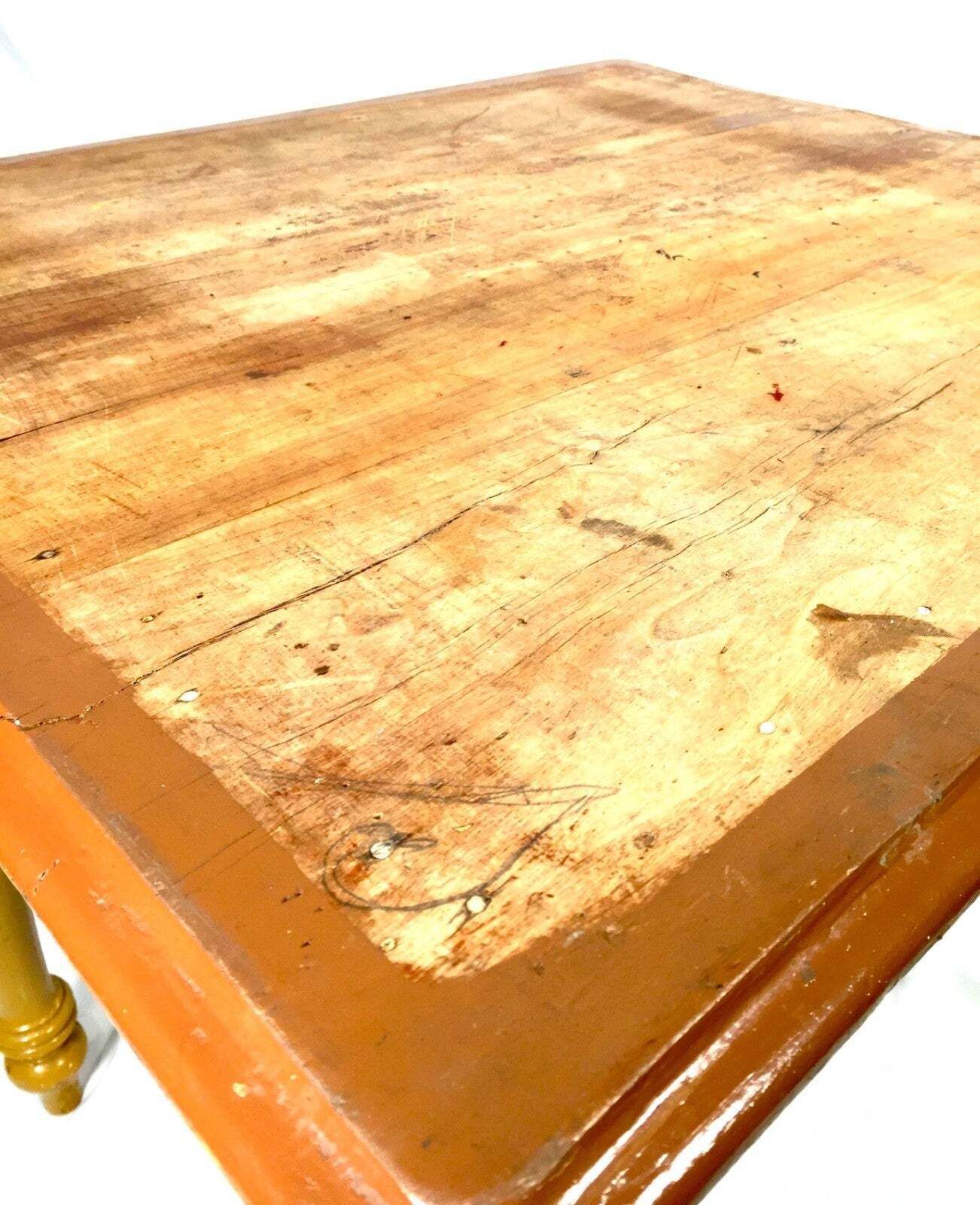 Antique Pine Wooden French Small Table With Drawer / Yellow Painted Turned Legs photo vinterior